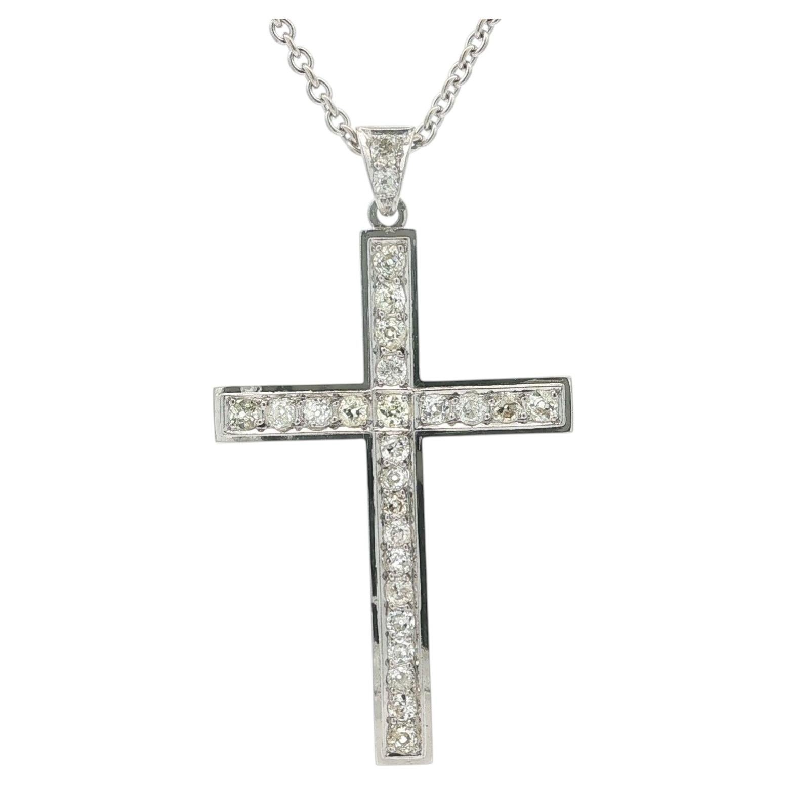 Collana da 16" con ciondolo a croce in oro antico e platino con diamanti taglio Old Mine da 1,60 carati