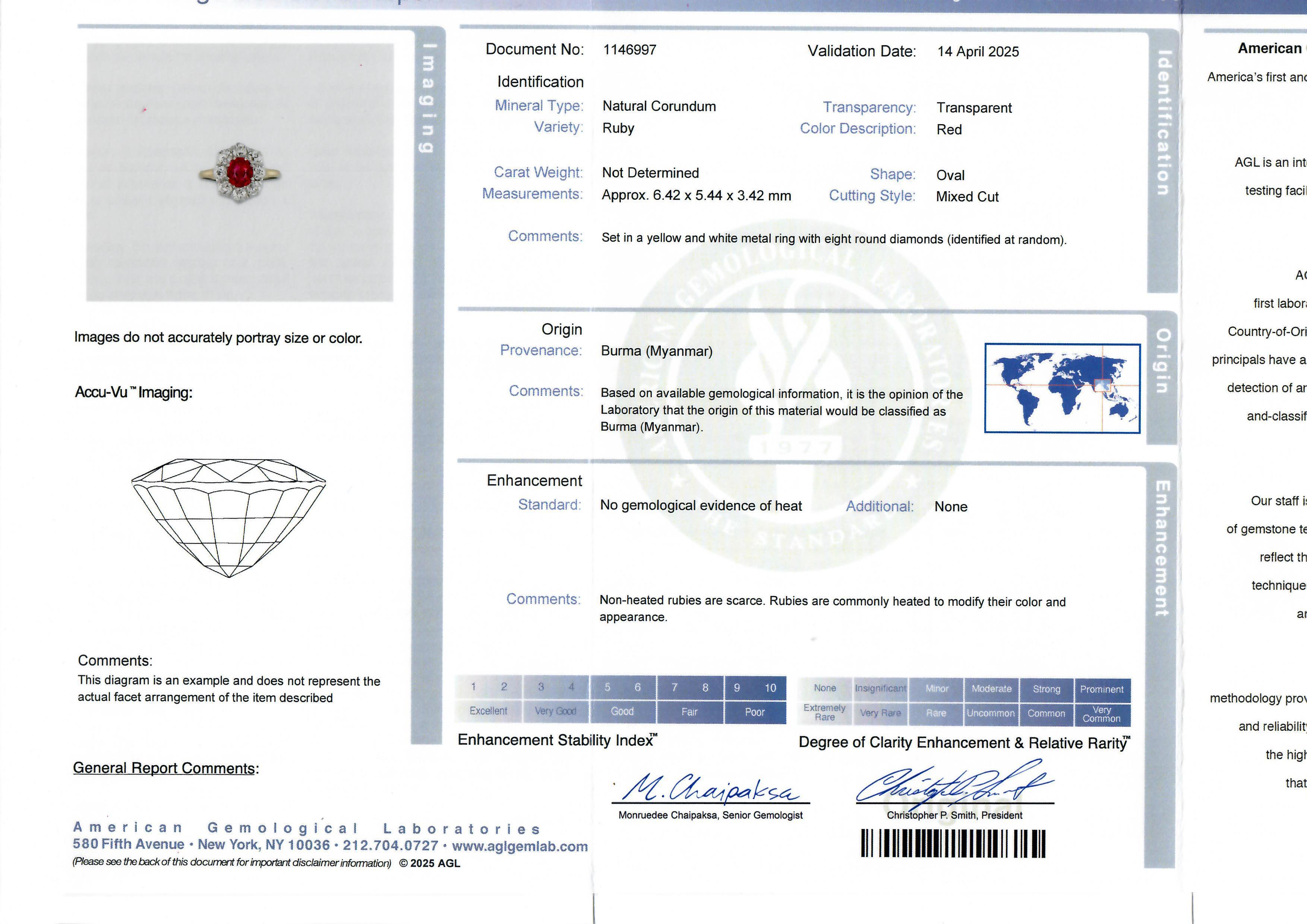 --Pierre(s) :...
(1) Rubis naturel véritable - taille ovale - serti - couleur rouge vif rare - non chauffé - Birmanie - 1,09ct (approx.)
** Voir les détails de la certification ci-dessous pour des informations complètes
(8) Diamants véritables