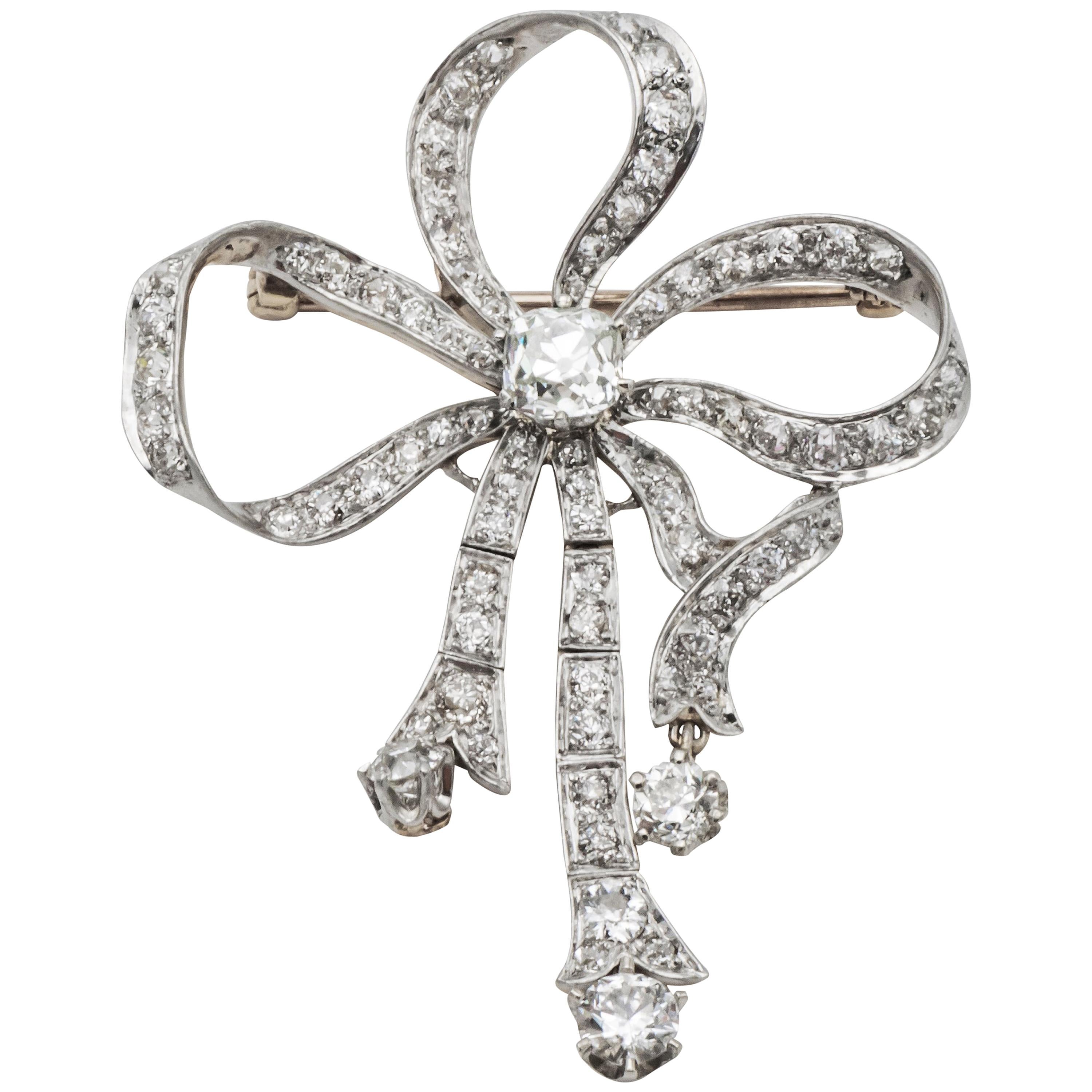 Antique Gold Platinum and Diamond Bow Brooch