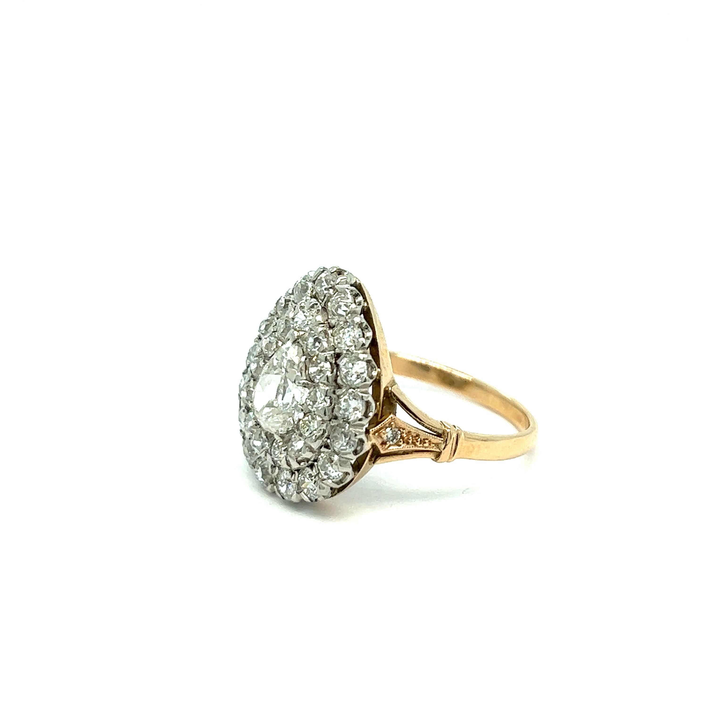 Antique gold platinum diamond ring

One old-mine pear-shaped diamond of approximately 0.75 carat, 30 old-mine cut diamonds of approximately 1.50 carats, 18 karat gold, platinum; marked 18k, Plat

Size: 6.5 US
Total weight: 5.3 grams