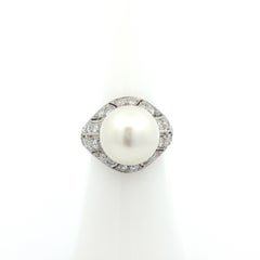 Antique Gold & Platinum GIA South Sea Pearl 0.80ctw Old Euro Diamond Mosaic Ring