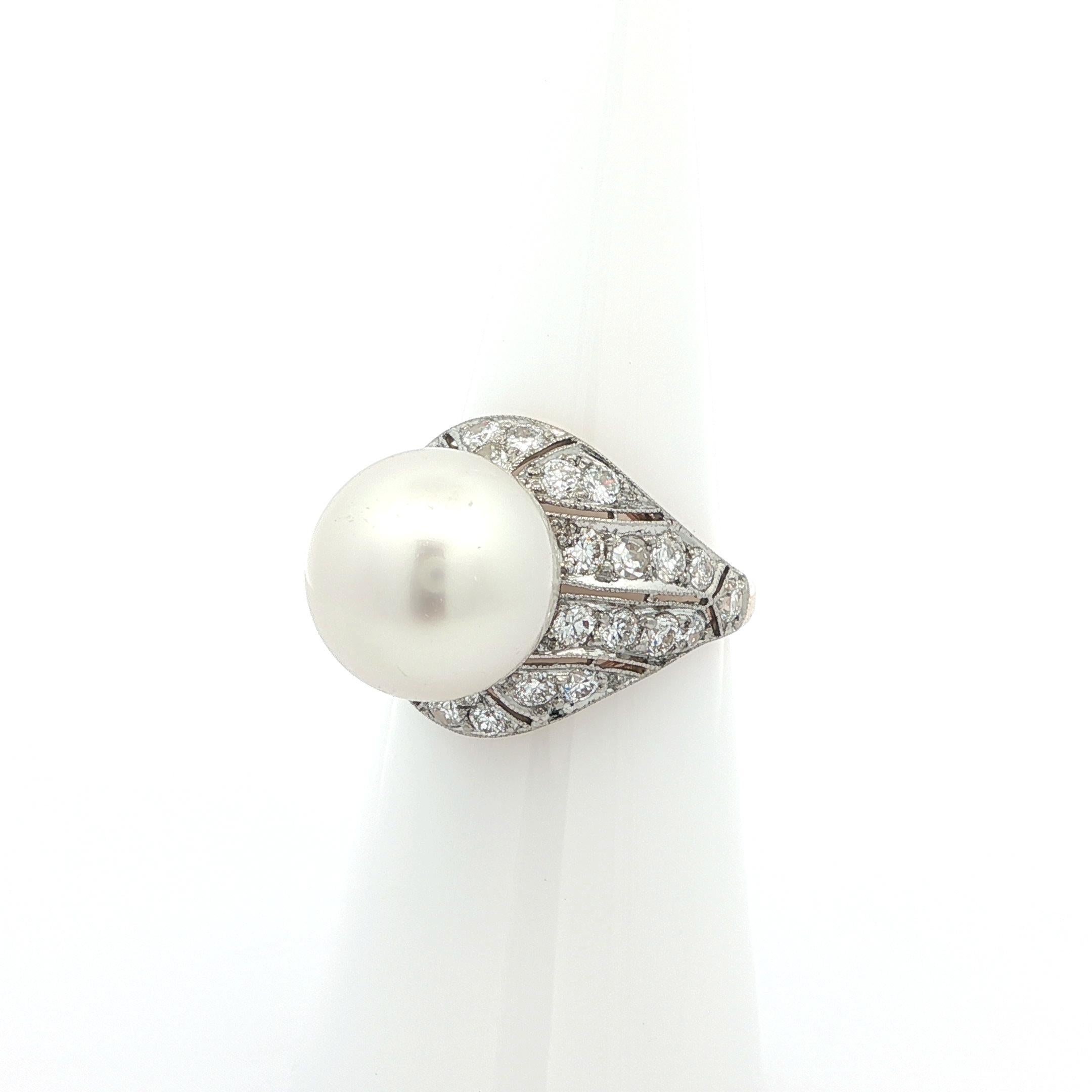 Taille ronde Bague mosaïque or et platine GIA perle des mers du sud 0,80ctw diamant vieil euro en vente