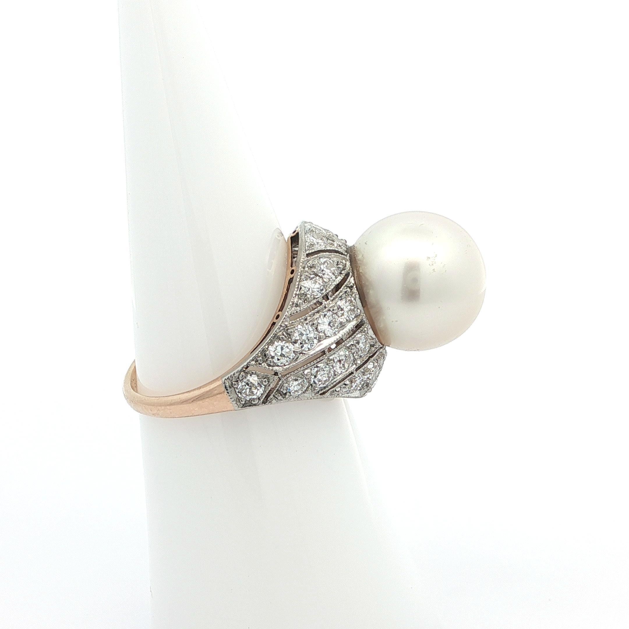 Bague mosa�ïque or et platine GIA perle des mers du sud 0,80ctw diamant vieil euro Excellent état - En vente à Montclair, NJ