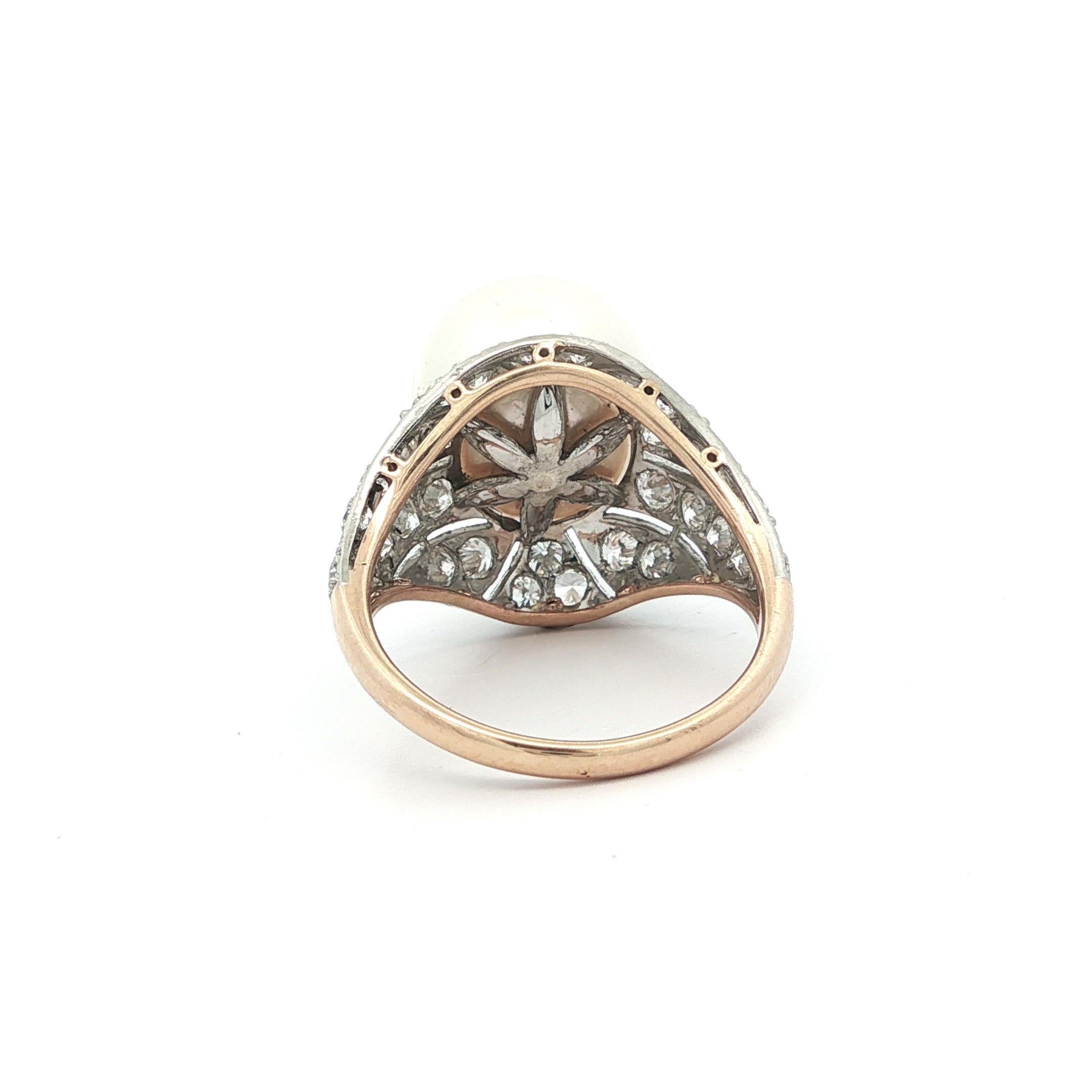 Bague mosaïque or et platine GIA perle des mers du sud 0,80ctw diamant vieil euro Pour femmes en vente