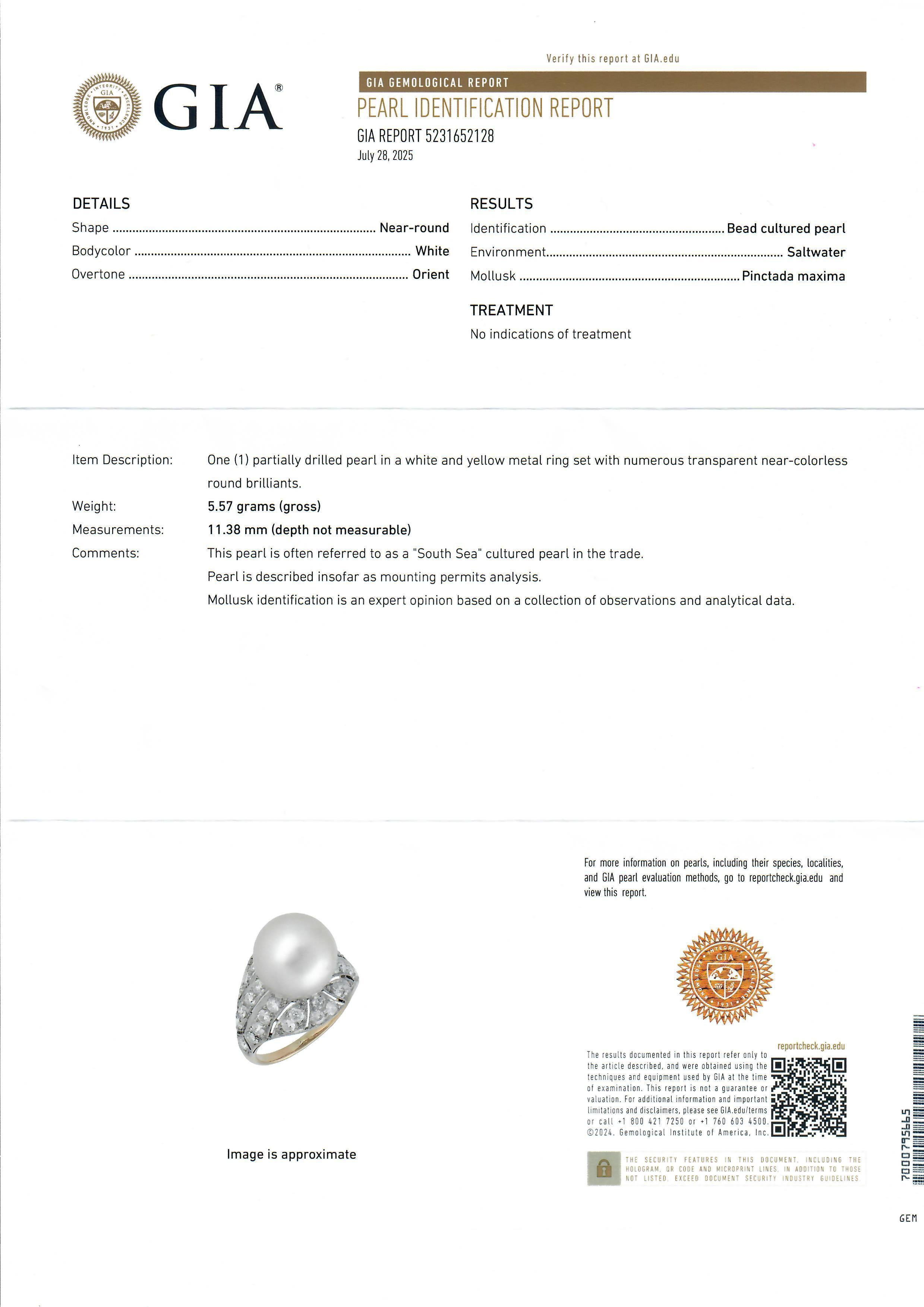 Bague mosaïque or et platine GIA perle des mers du sud 0,80ctw diamant vieil euro en vente 1