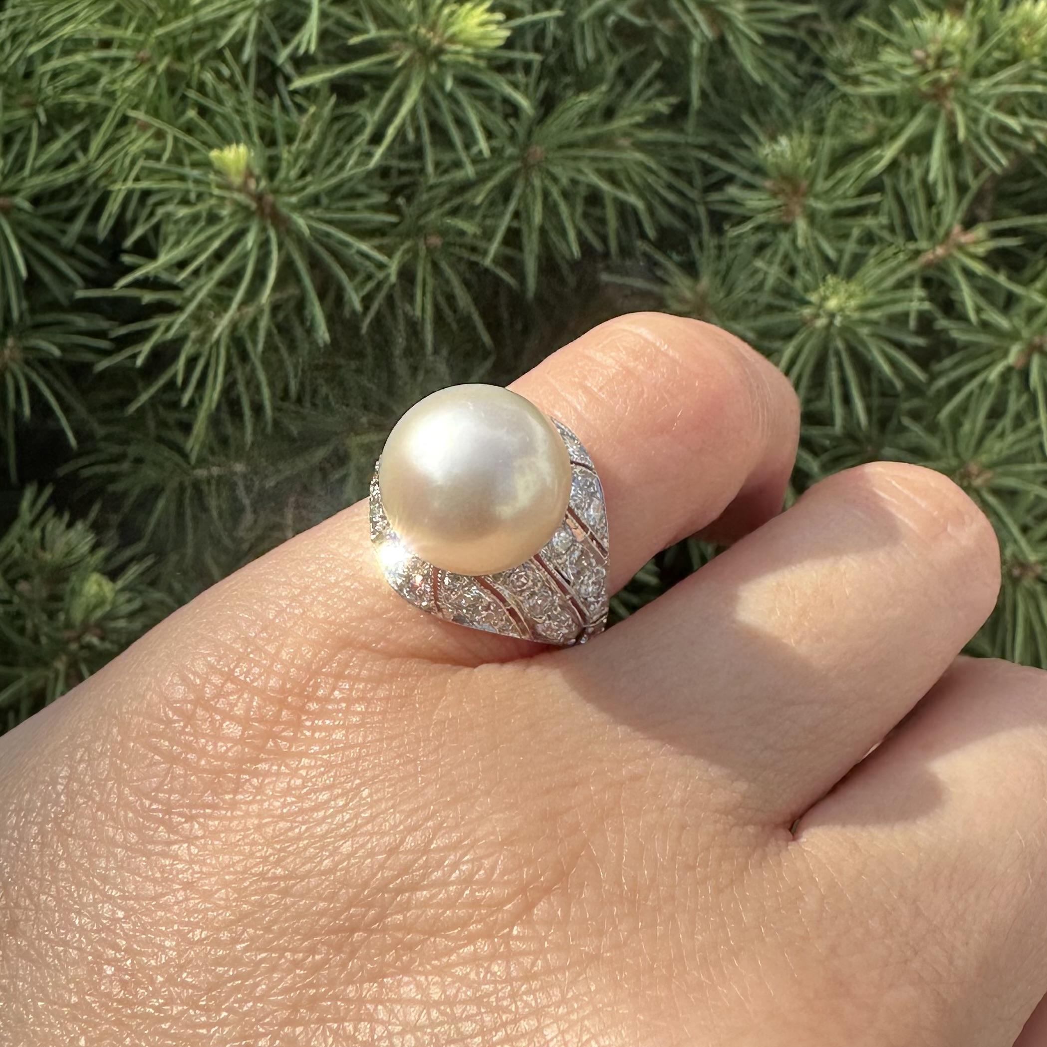 Bague mosaïque or et platine GIA perle des mers du sud 0,80ctw diamant vieil euro en vente 2