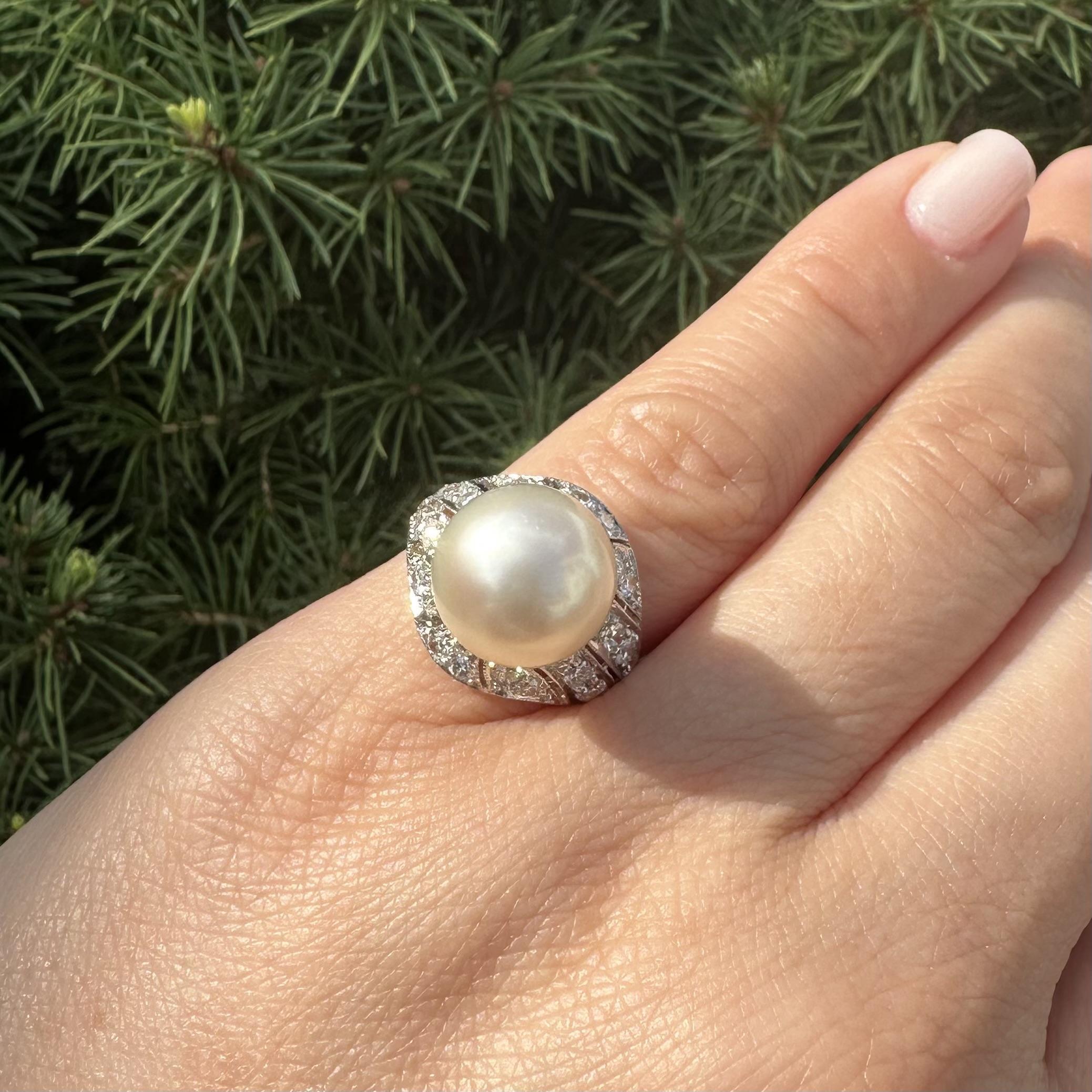 Bague mosaïque or et platine GIA perle des mers du sud 0,80ctw diamant vieil euro en vente 3