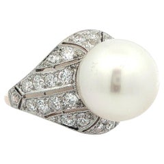 Antique Gold & Platinum GIA South Sea Pearl 0.80ctw Old Euro Diamond Mosaic Ring