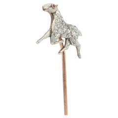 Antique Gold & Platinum Old Cut Diamond Red Stone Galloping Horse Stick Pin