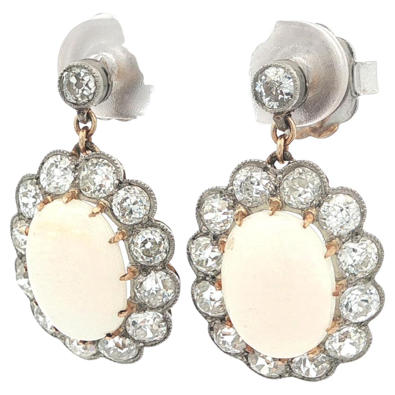 Antique Gold 
Platinum Opal 3ctw Old Mine Diamond Halo Dangle Drop Earrings For Sale