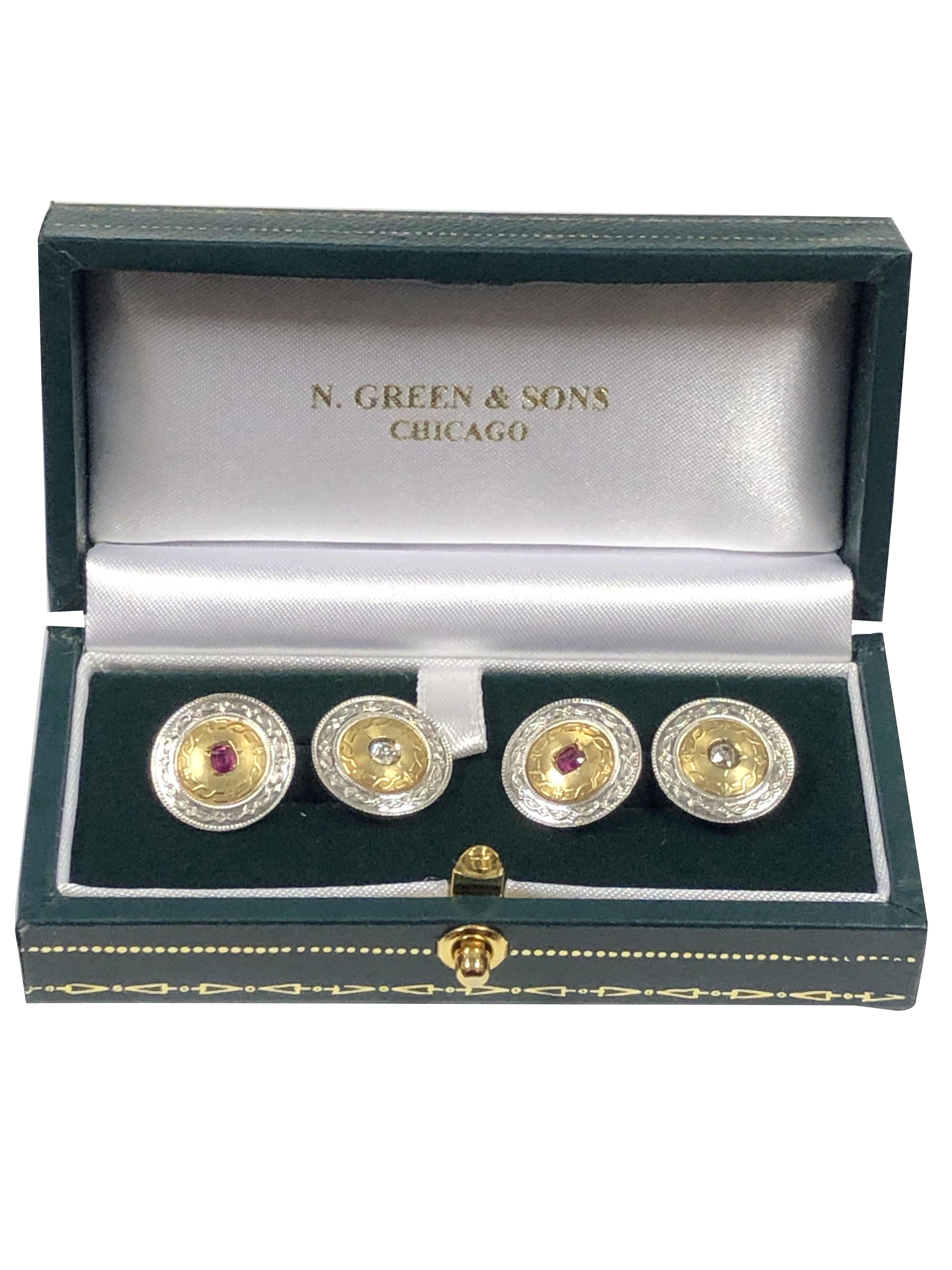 Edwardian Antique Gold Platinum Ruby and Diamond Cufflinks