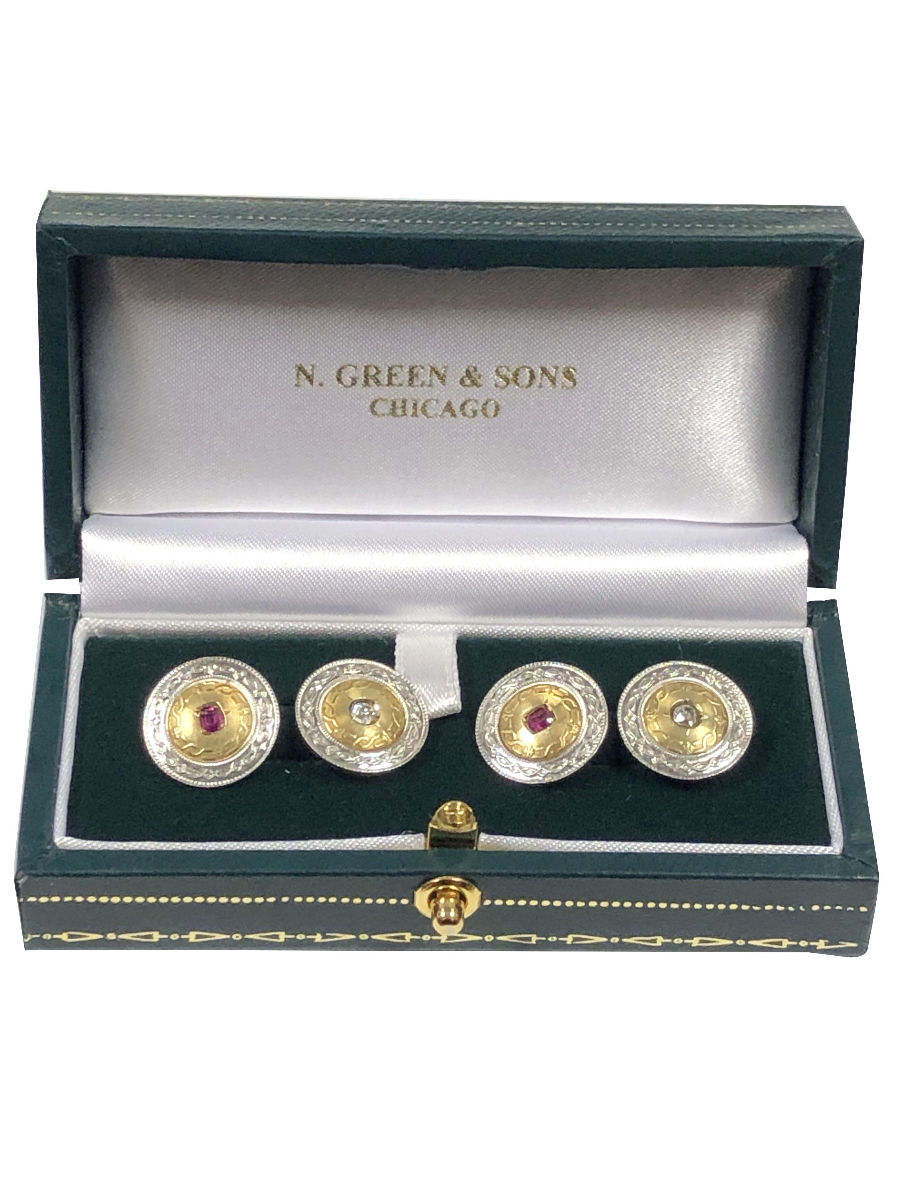 Antique Gold Platinum Ruby and Diamond Cufflinks In Excellent Condition For Sale In Chicago, IL