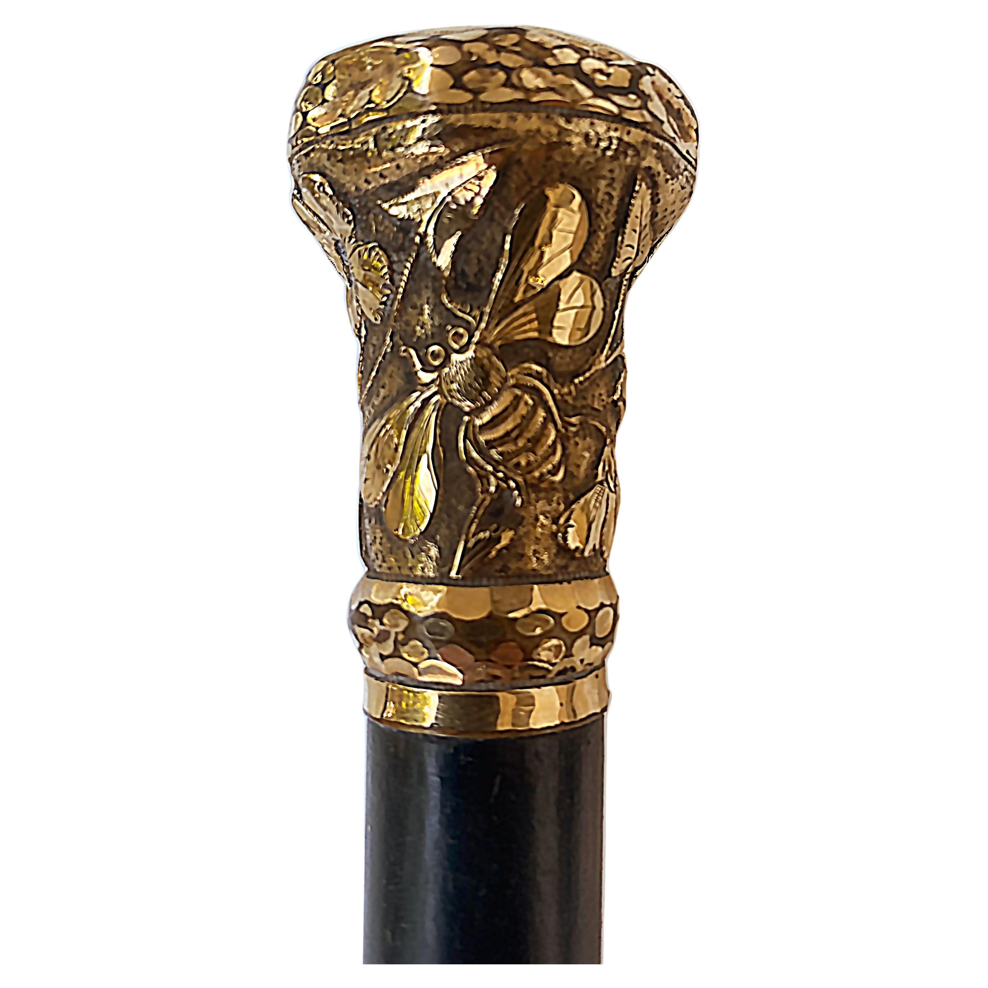 Antique Gold Repousse Bee Monogrammed Walking Stick with Flowers For Sale  at 1stDibs