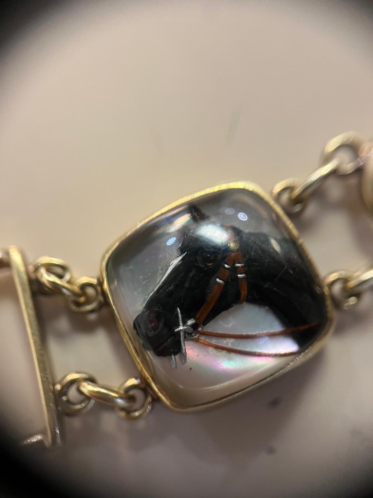 Late Victorian Antique Gold Reverse Painted Essex Crystal Link Bracelet Showing Hunting Scenes