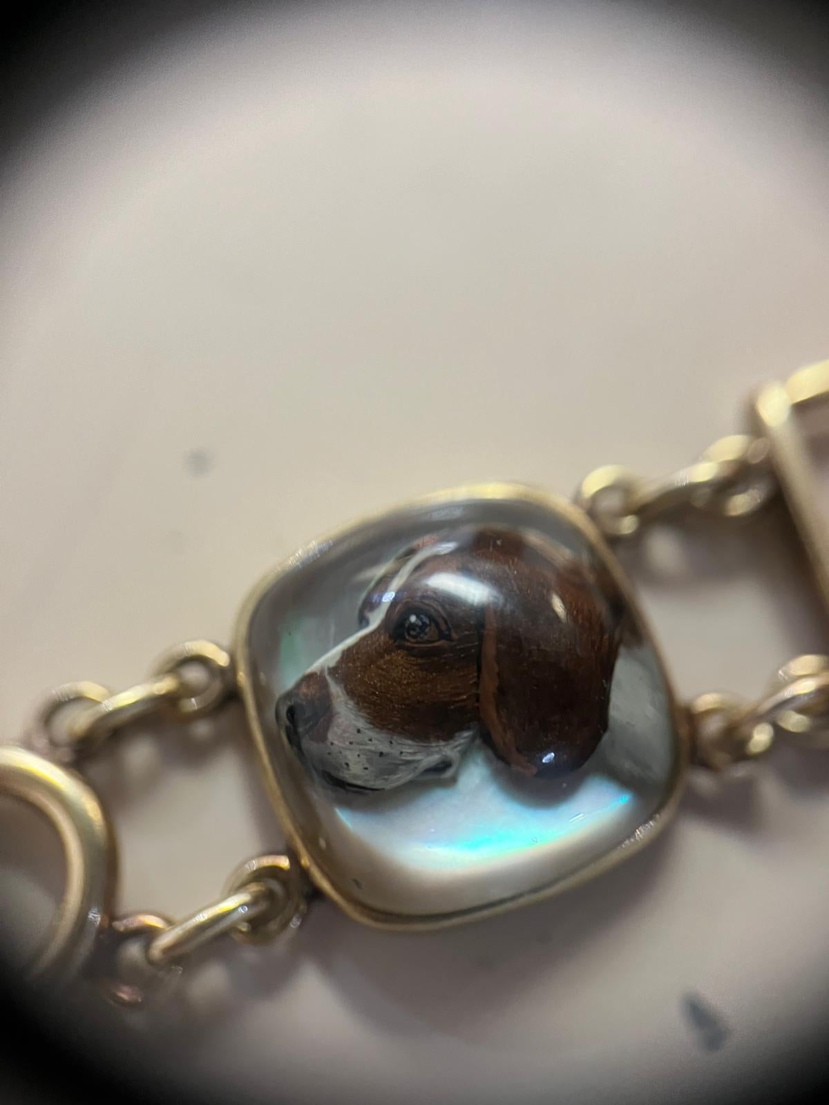 Cabochon Antique Gold Reverse Painted Essex Crystal Link Bracelet Showing Hunting Scenes