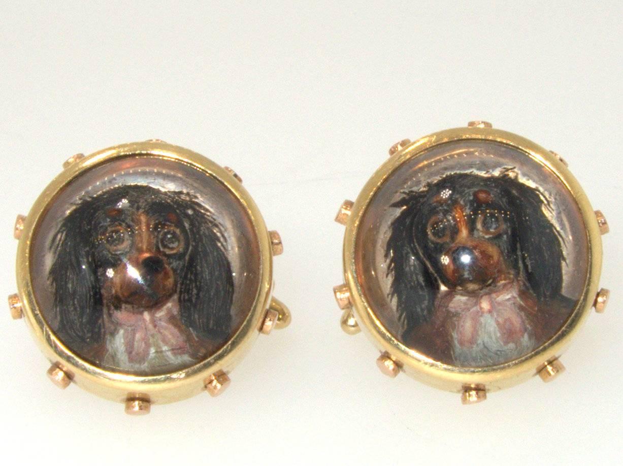 Late Victorian Antique Gold Reverse Painting on Crystal Cufflinks