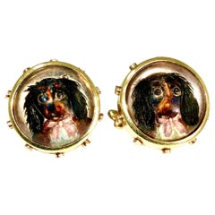 Antique Gold Reverse Painting under Rock Crystal of Dog Cufflinks, c. 1860