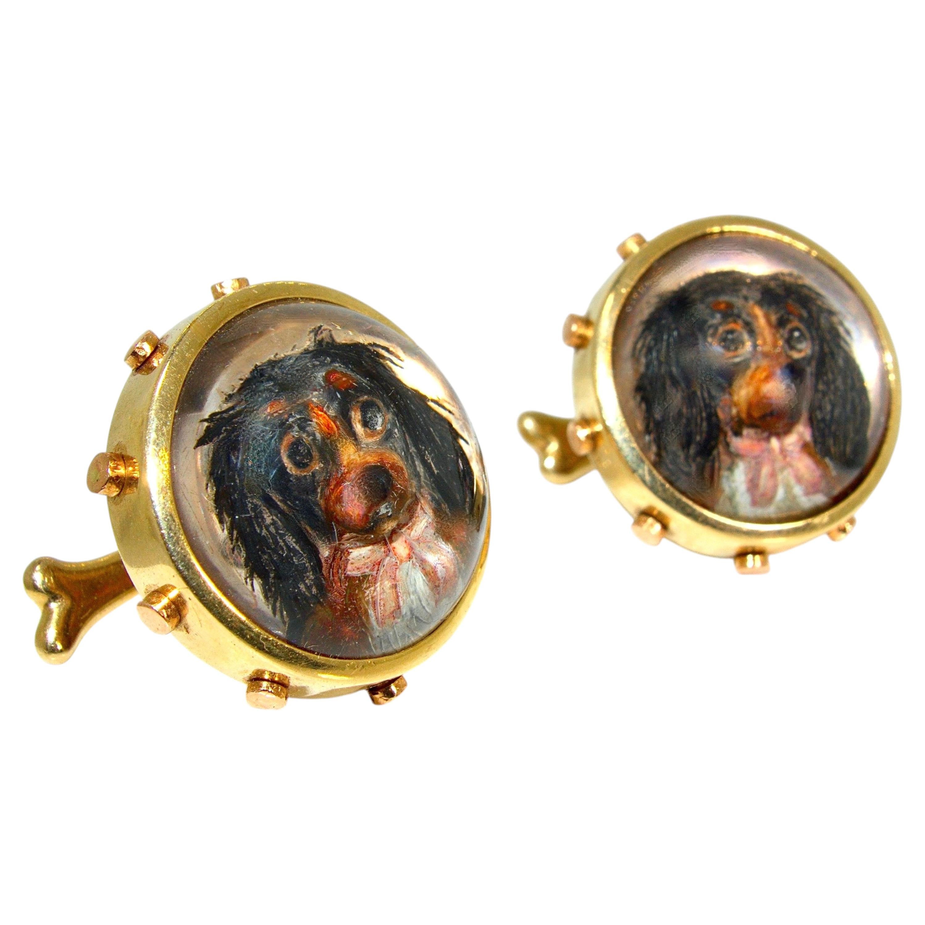 Antique Gold Reverse Painting under Rock Crystal of Dog Cufflinks, c. 1860 For Sale