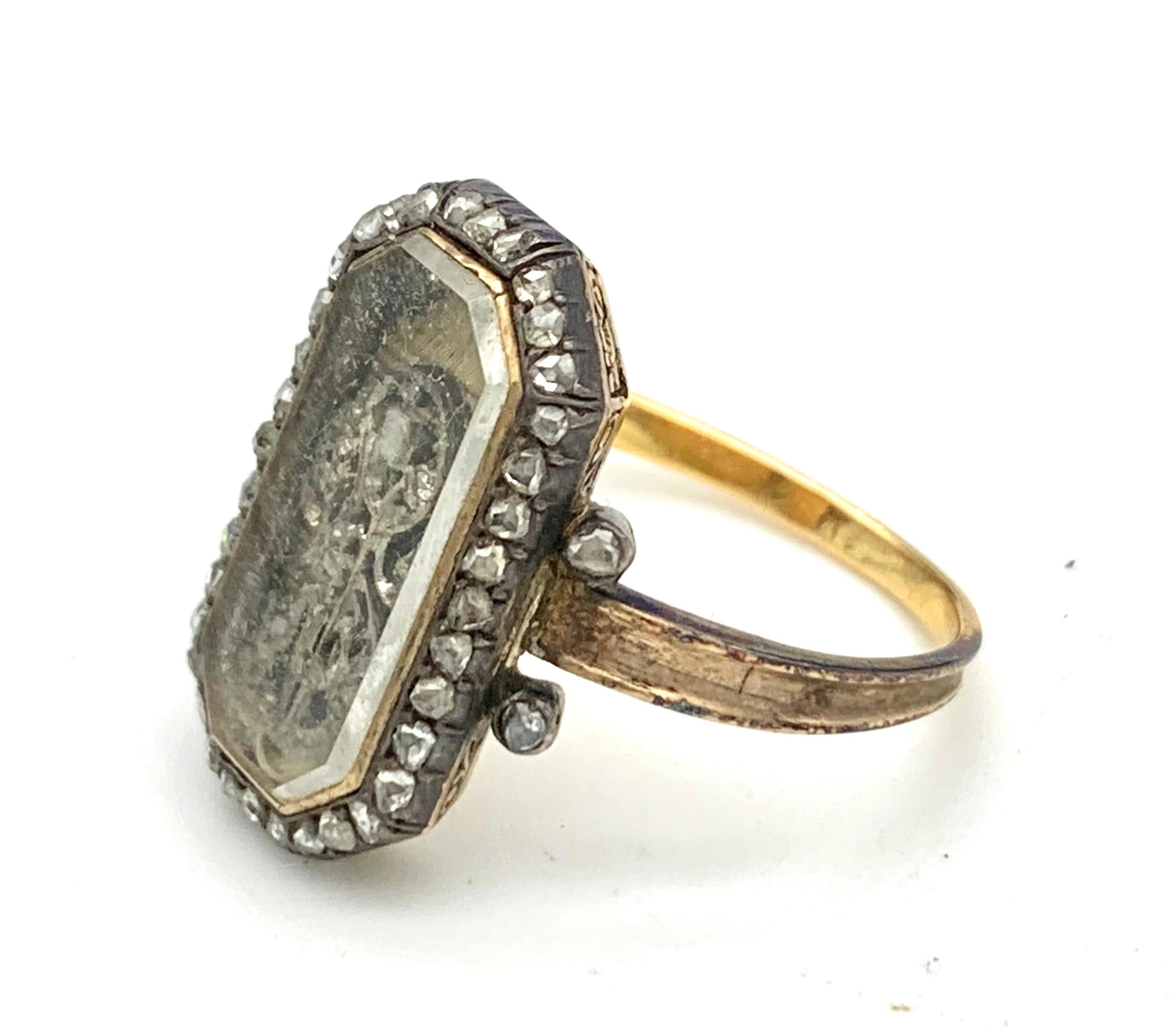 Empire Antique Gold Ring Rose Diamonds Inscription Dated 1809 Rose Diamond Initials  For Sale