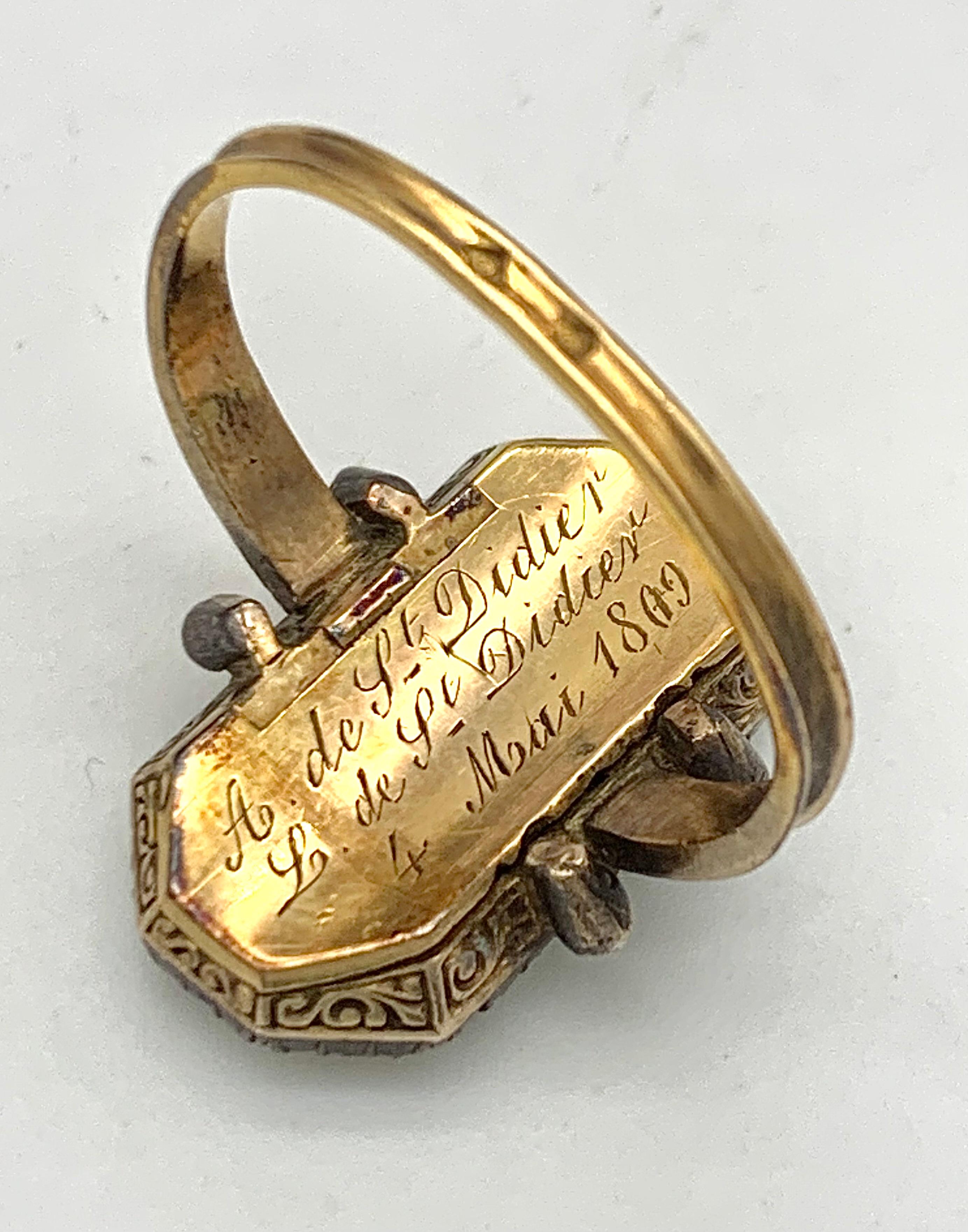 Rose Cut Antique Gold Ring Rose Diamonds Inscription Dated 1809 Rose Diamond Initials  For Sale