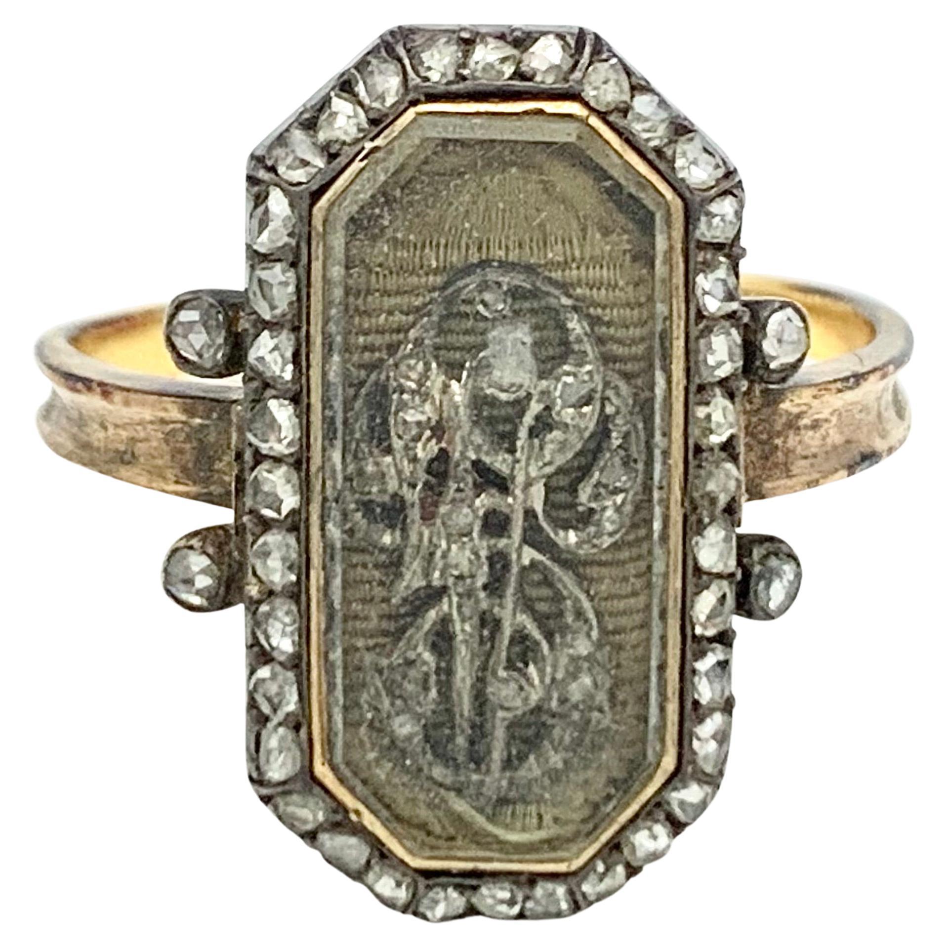 Antique Gold Ring Rose Diamonds Inscription Dated 1809 Rose Diamond Initials For Sale