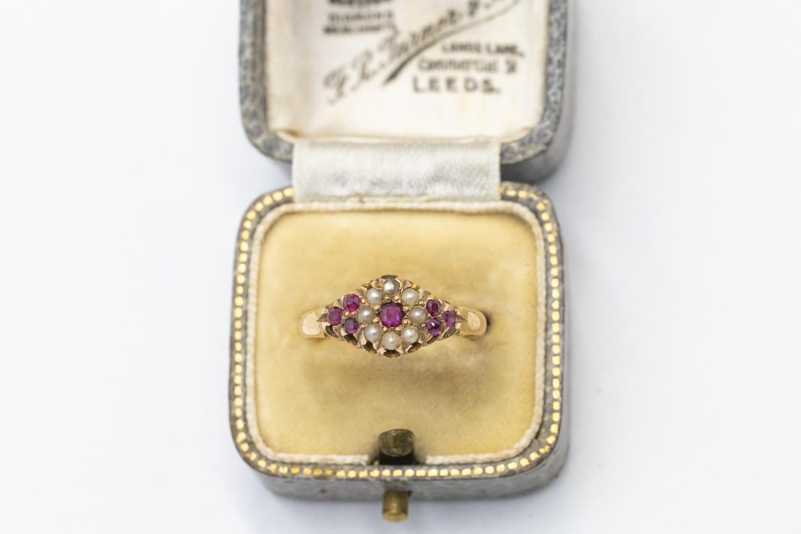 Round Cut Antique gold ring with rubies and pearls, Birmingham, 1897. For Sale