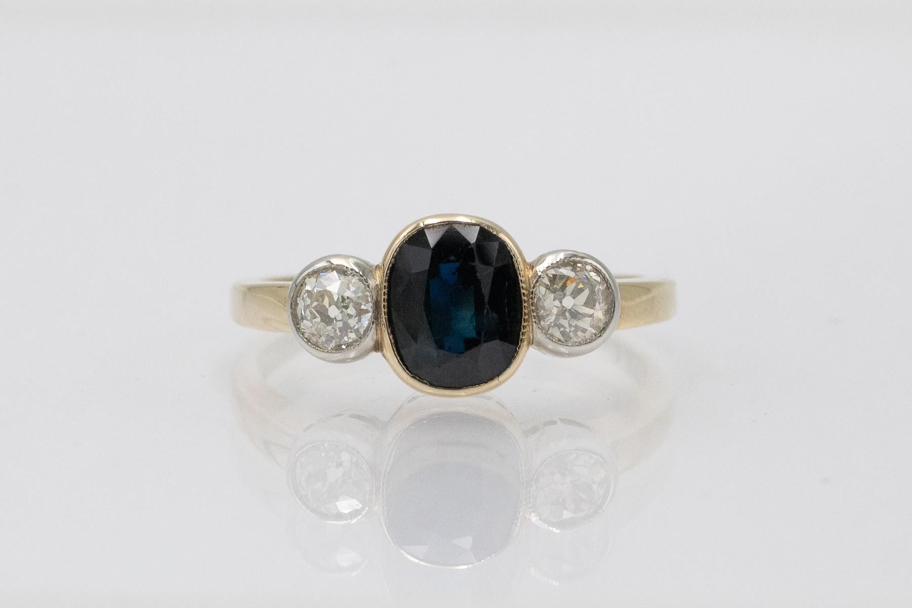 Old European Cut Antique gold ring with sapphire and diamonds, Austria, circa 1930s. For Sale