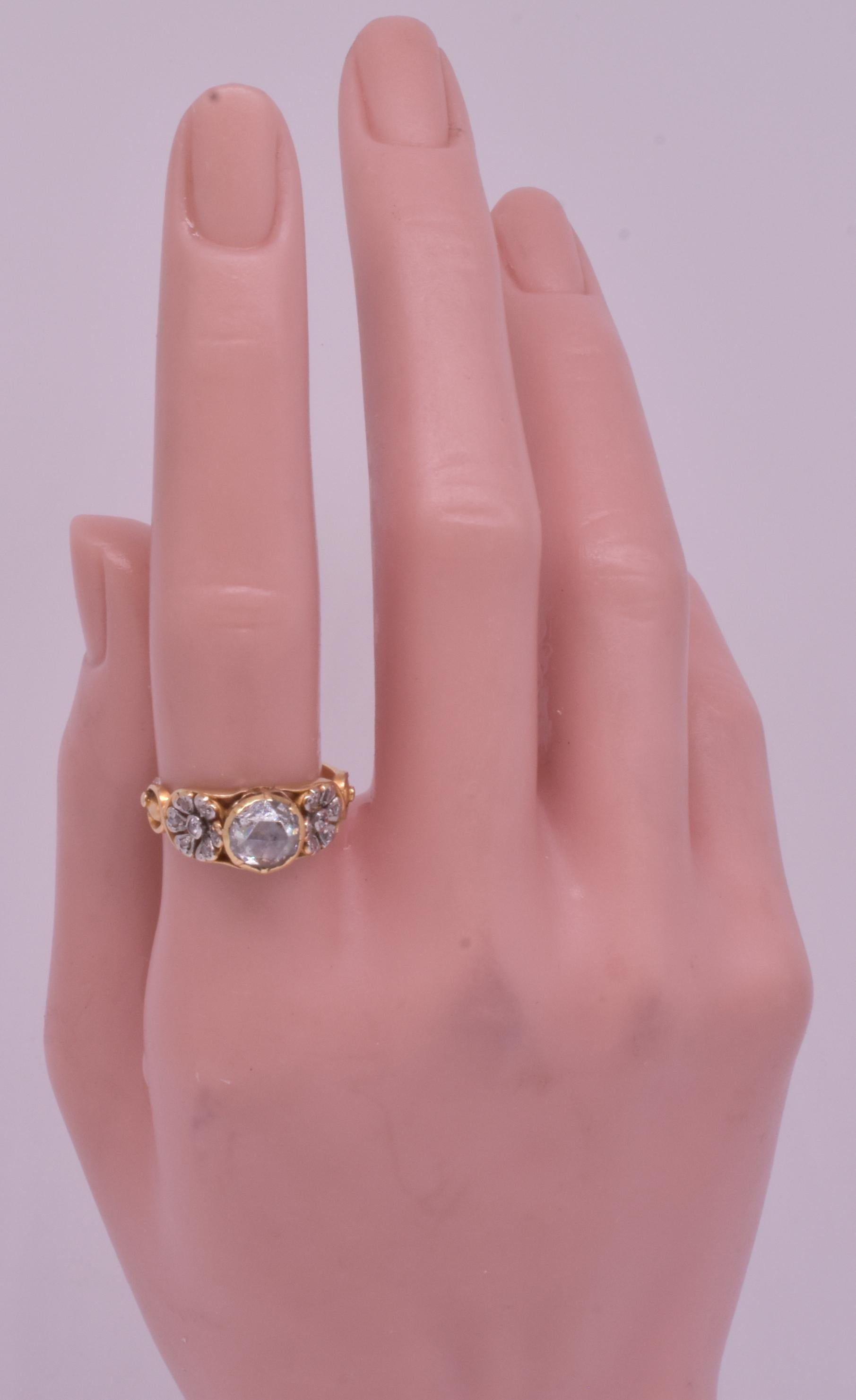 Antique Gold Rose Cut Diamond Ring with Platinum Floral Shoulders, C1895 8