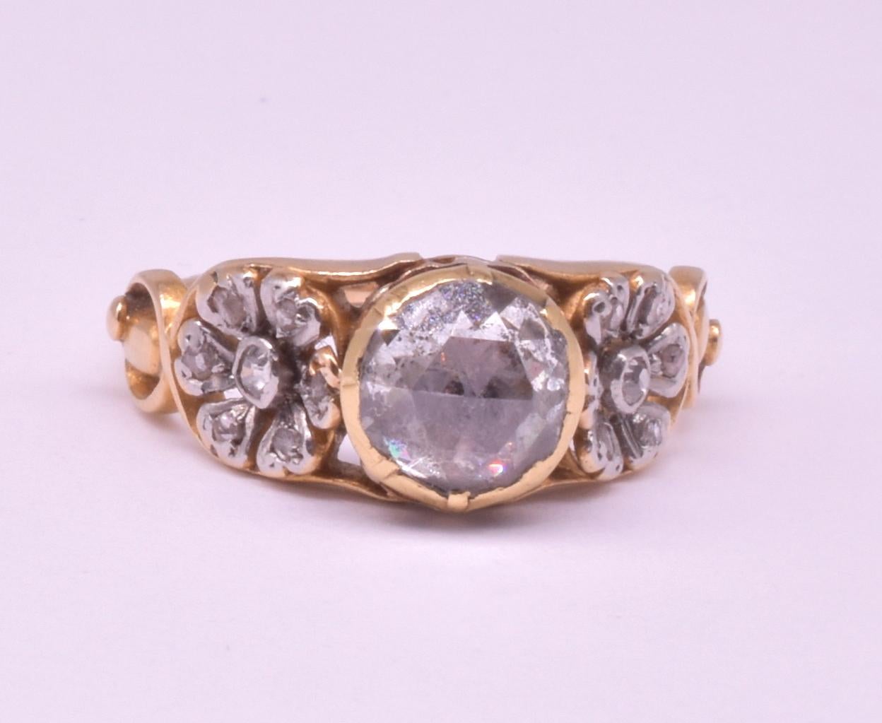 Antique Gold Rose Cut Diamond Ring with Platinum Floral Shoulders, C1895 9