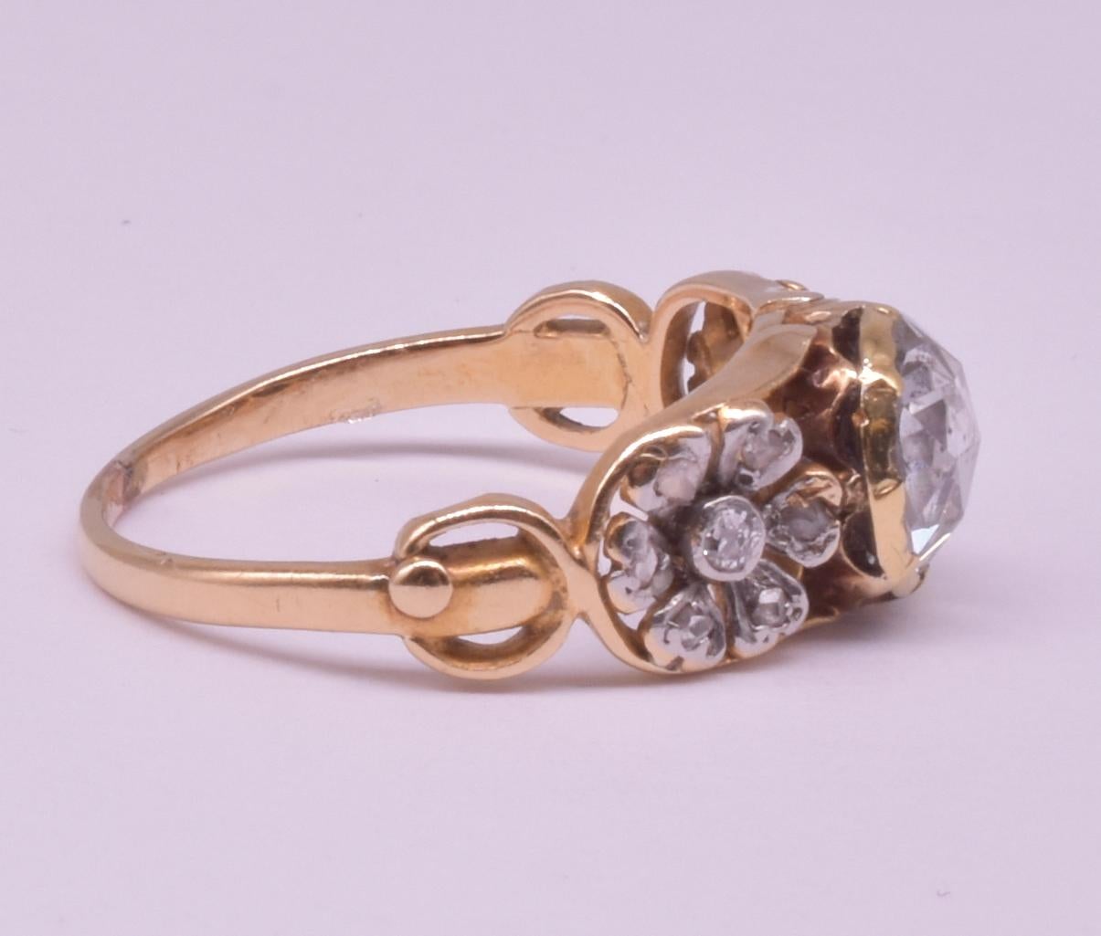 Antique Gold Rose Cut Diamond Ring with Platinum Floral Shoulders, C1895 10