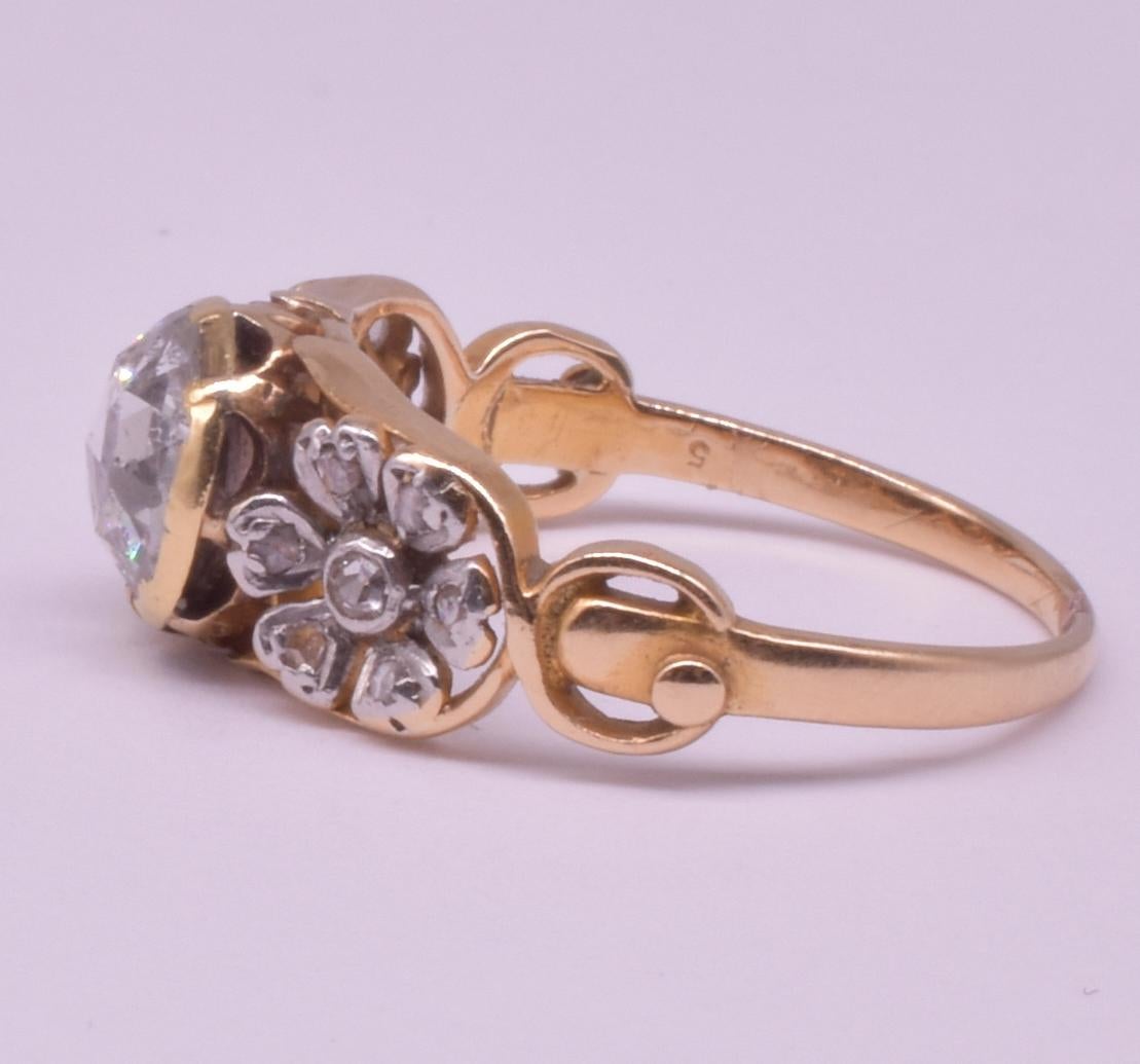 Antique Gold Rose Cut Diamond Ring with Platinum Floral Shoulders, C1895 11