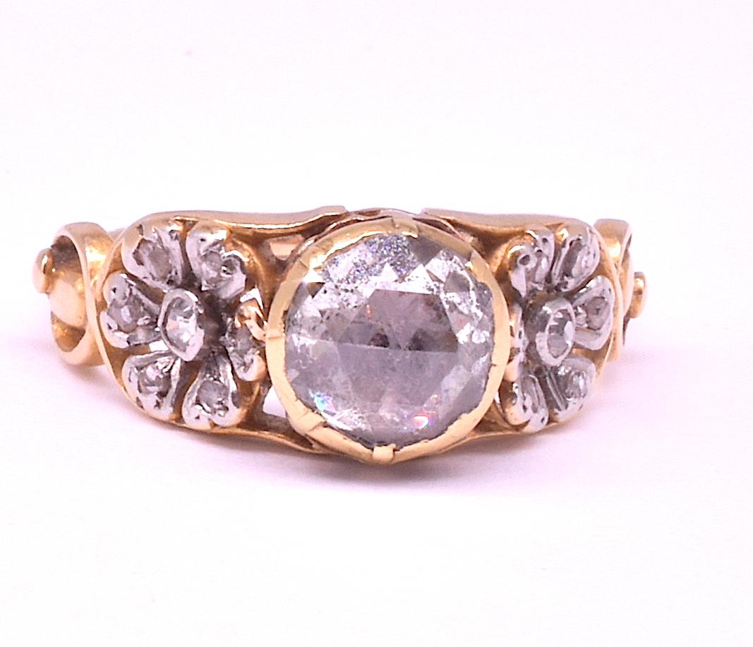 Antique Gold Rose Cut Diamond Ring with Platinum Floral Shoulders, C1895 15