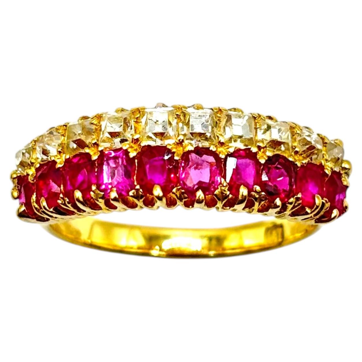 Antique Gold Ruby and Diamond Half Eternity Ring, 18K Gold