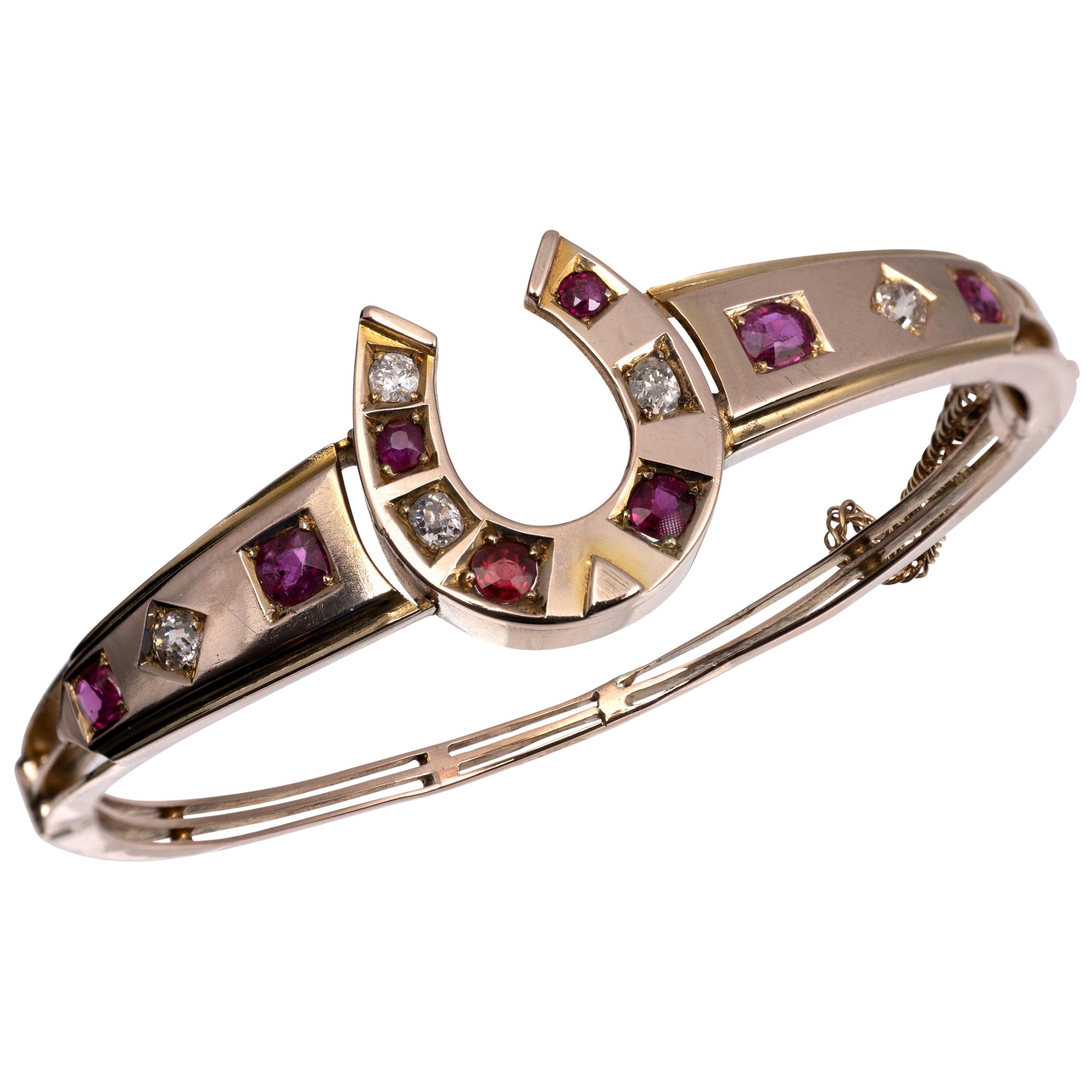 Antique Gold Ruby and Diamond Horseshoe Bangle, circa 1910 For Sale