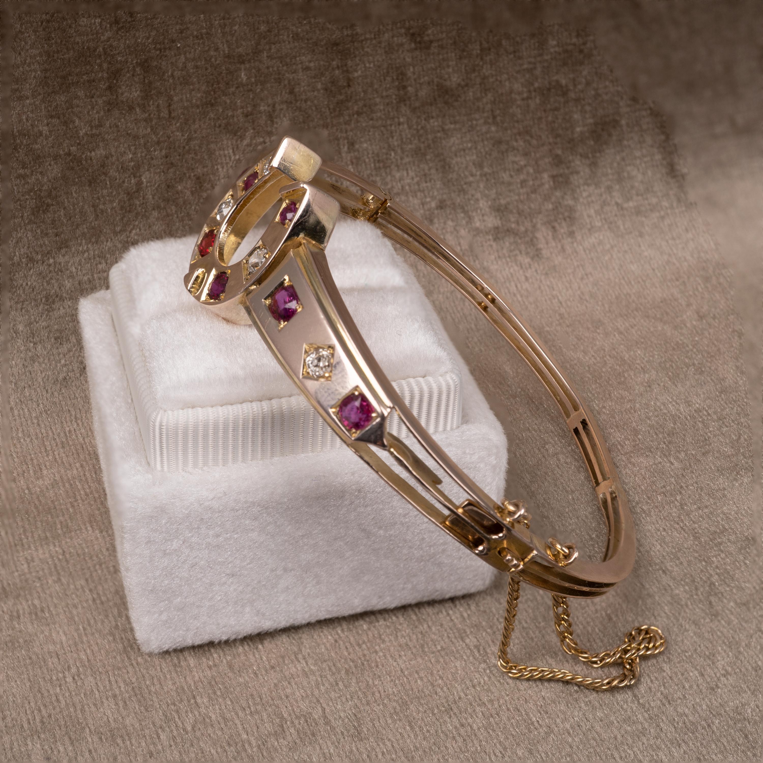 Art Deco Antique Gold Ruby and Diamond Horseshoe Bangle, circa 1910 For Sale