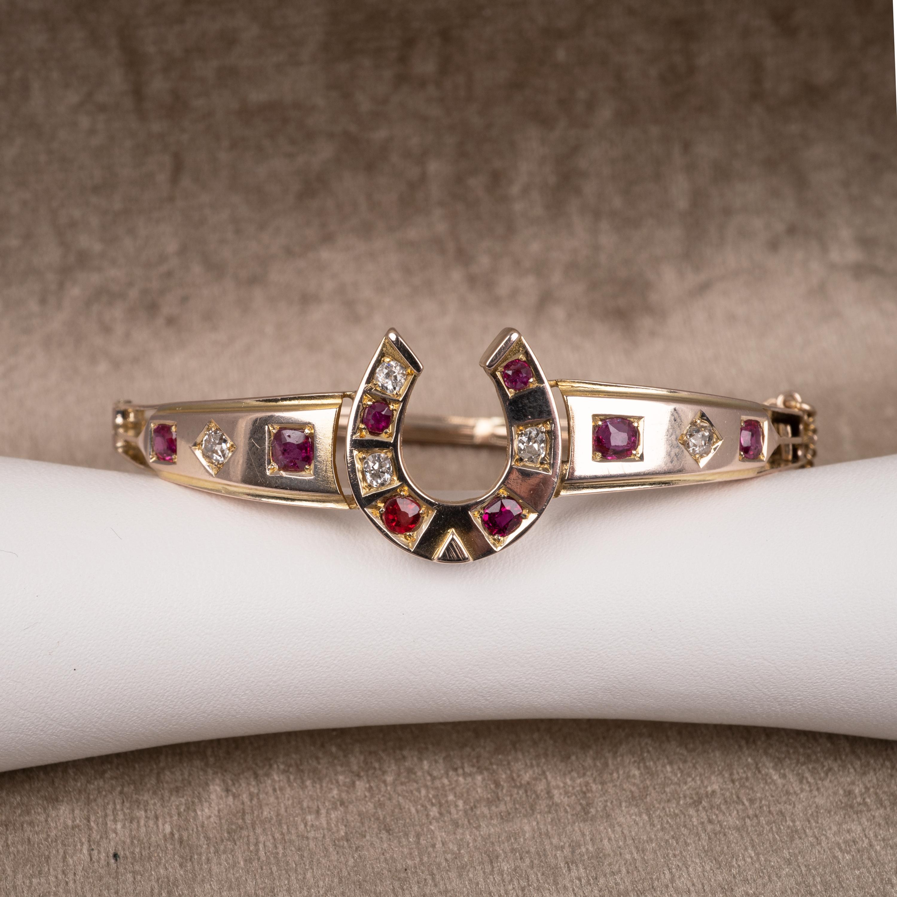 Women's Antique Gold Ruby and Diamond Horseshoe Bangle, circa 1910 For Sale