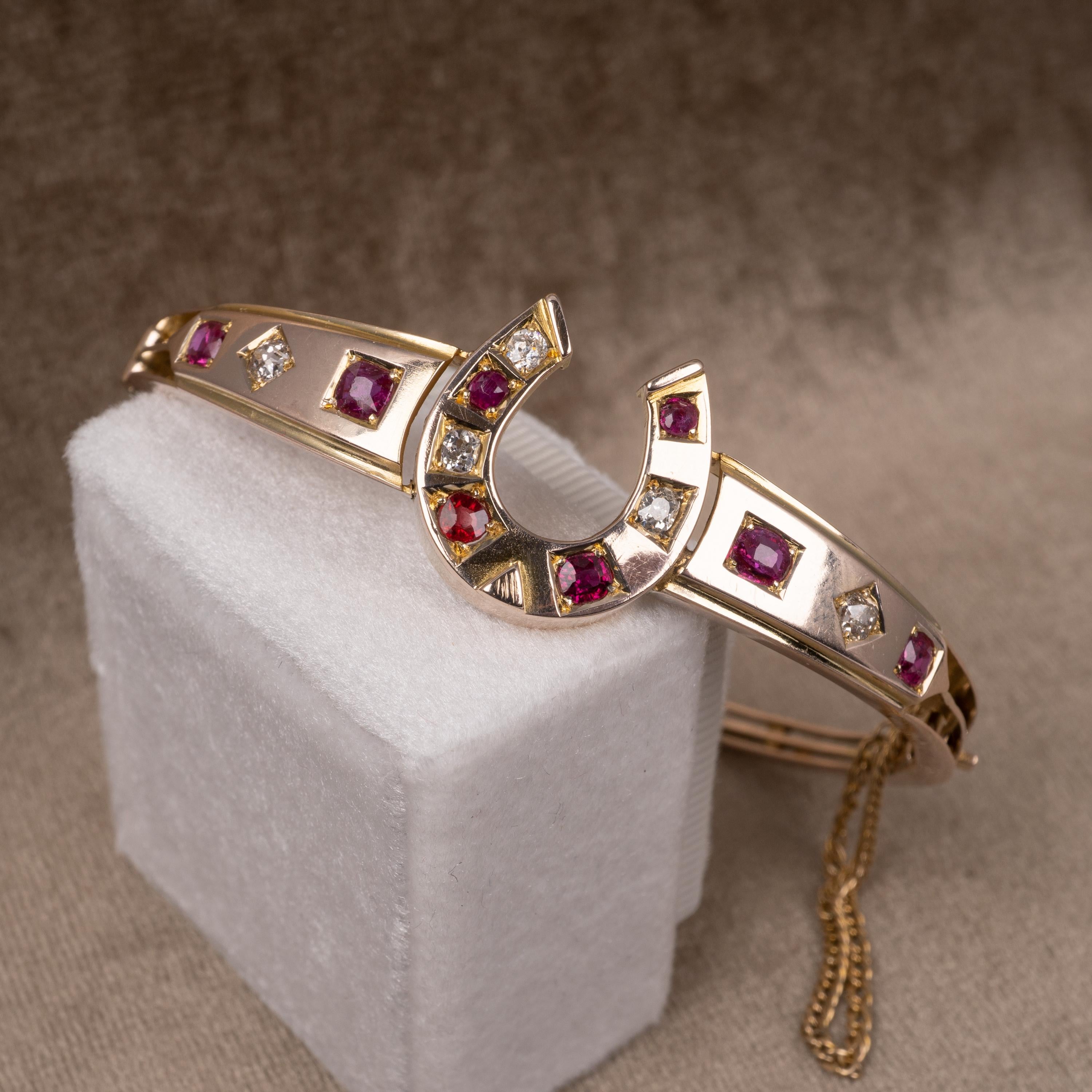 Antique Gold Ruby and Diamond Horseshoe Bangle, circa 1910 For Sale 1