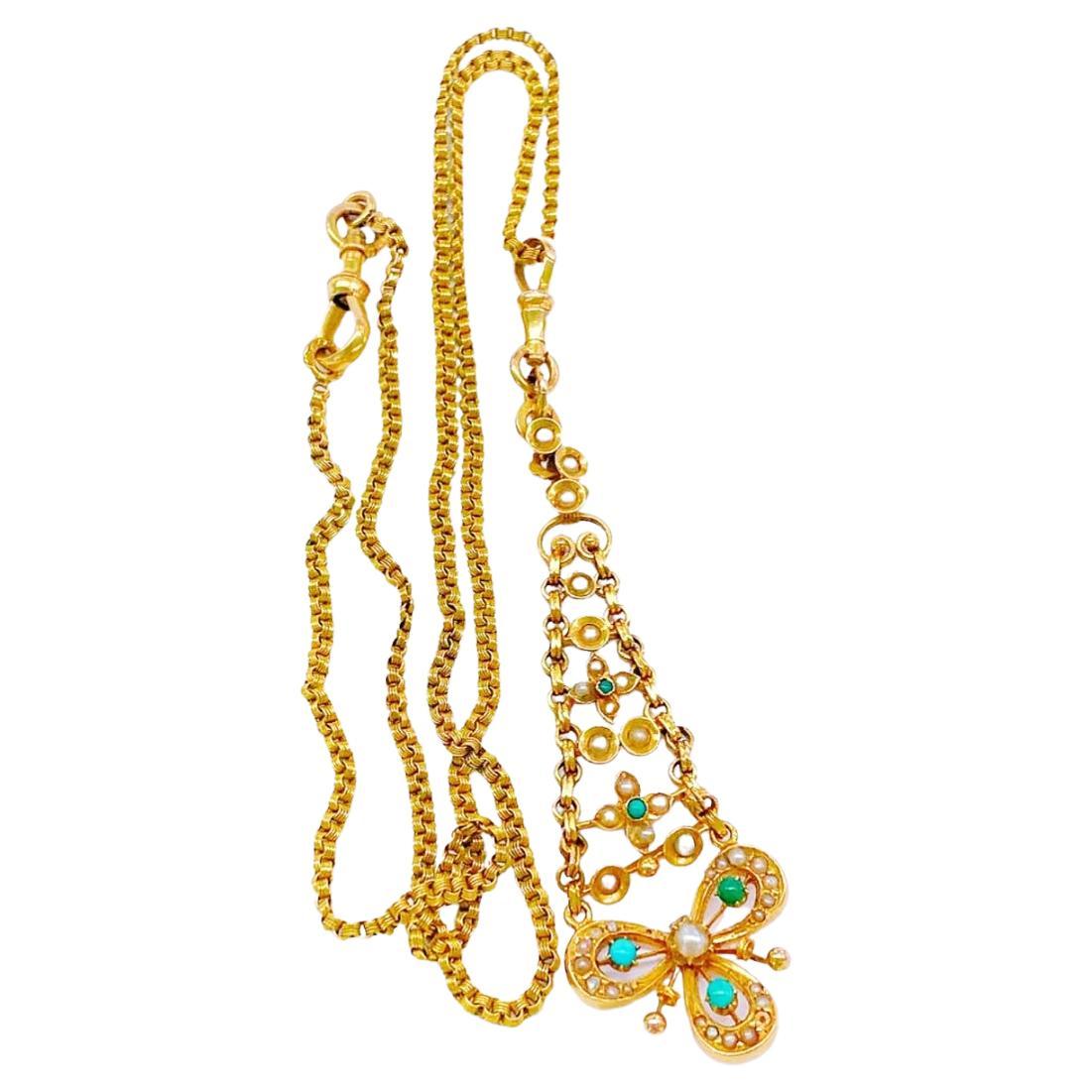 Antiguo collar ruso de oro de 14 quilates colgante con cadena con un peso total de oro de 12 gramos colgante de 8,5 cm de longitud decorado con perlas naturales y turquesas en técnica móvil hall marcado con 583 marca de control soviética para patrón