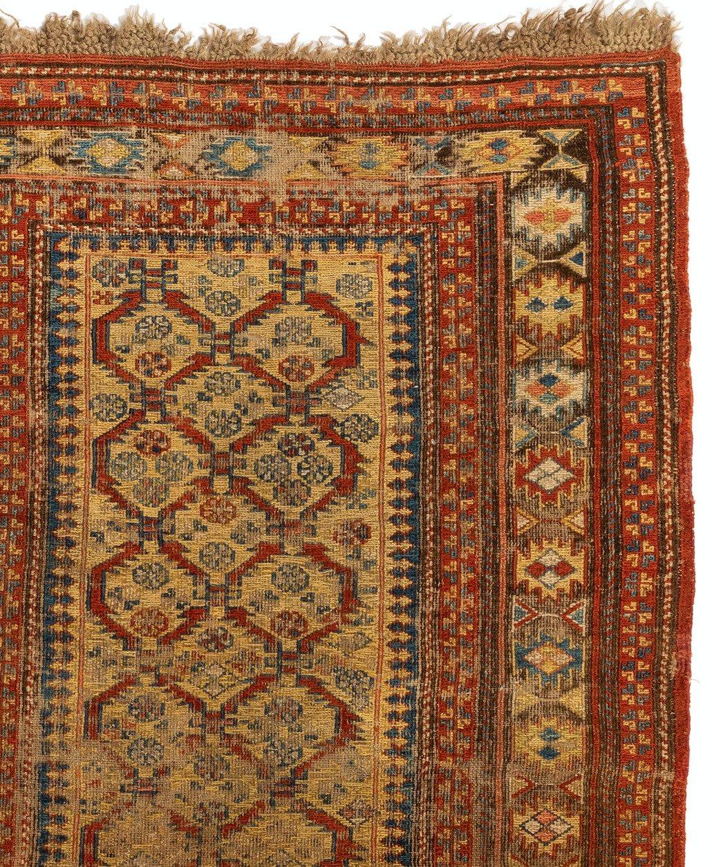 Sumak Antique Gold Rust Distressed Tribal Caucasian Soumak Rug, circa 1920s For Sale