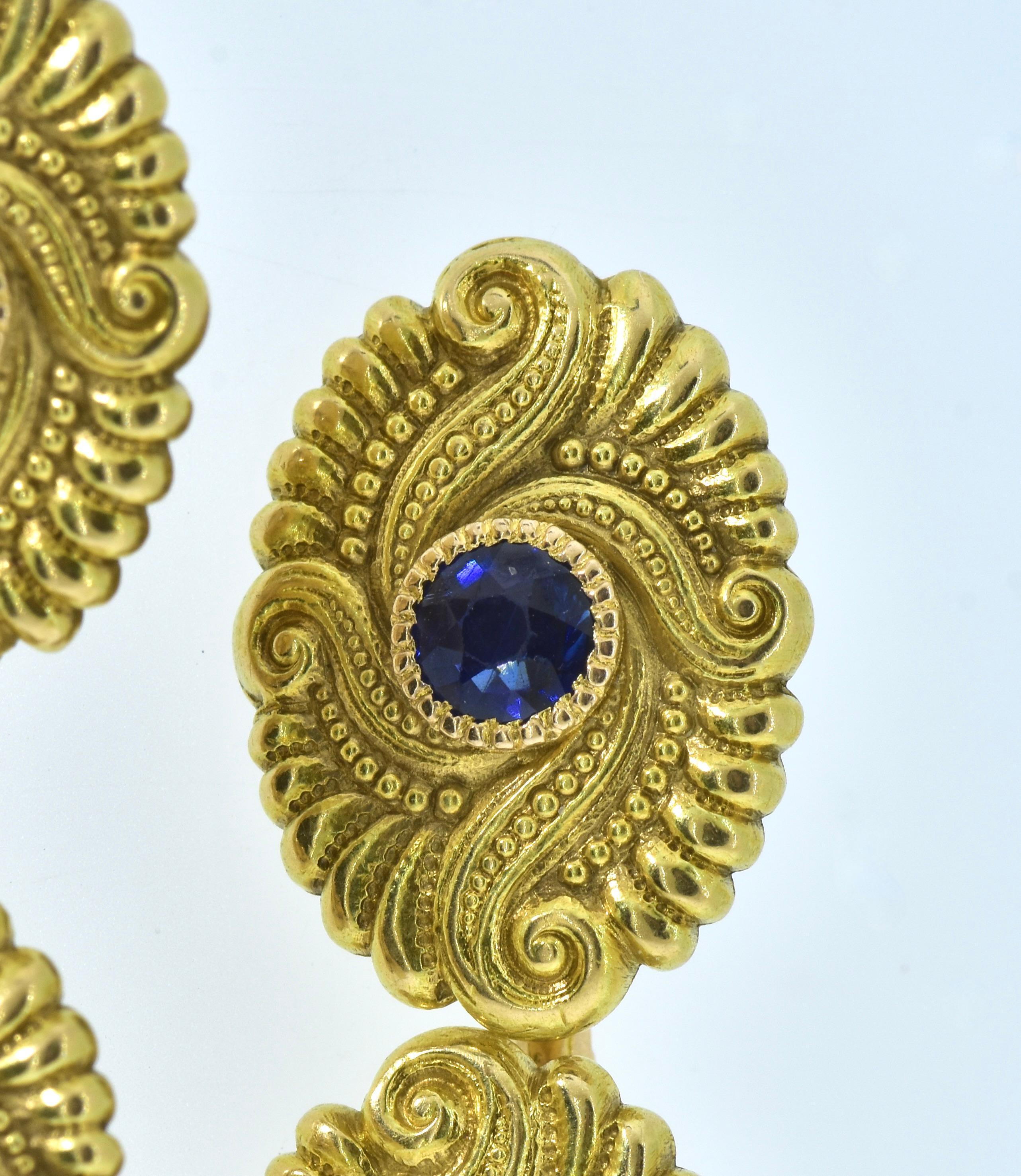 Victorian Cufflinks Antique Gold Sapphire and Diamond Back to Back, Art Nouveau, c. 1900 For Sale