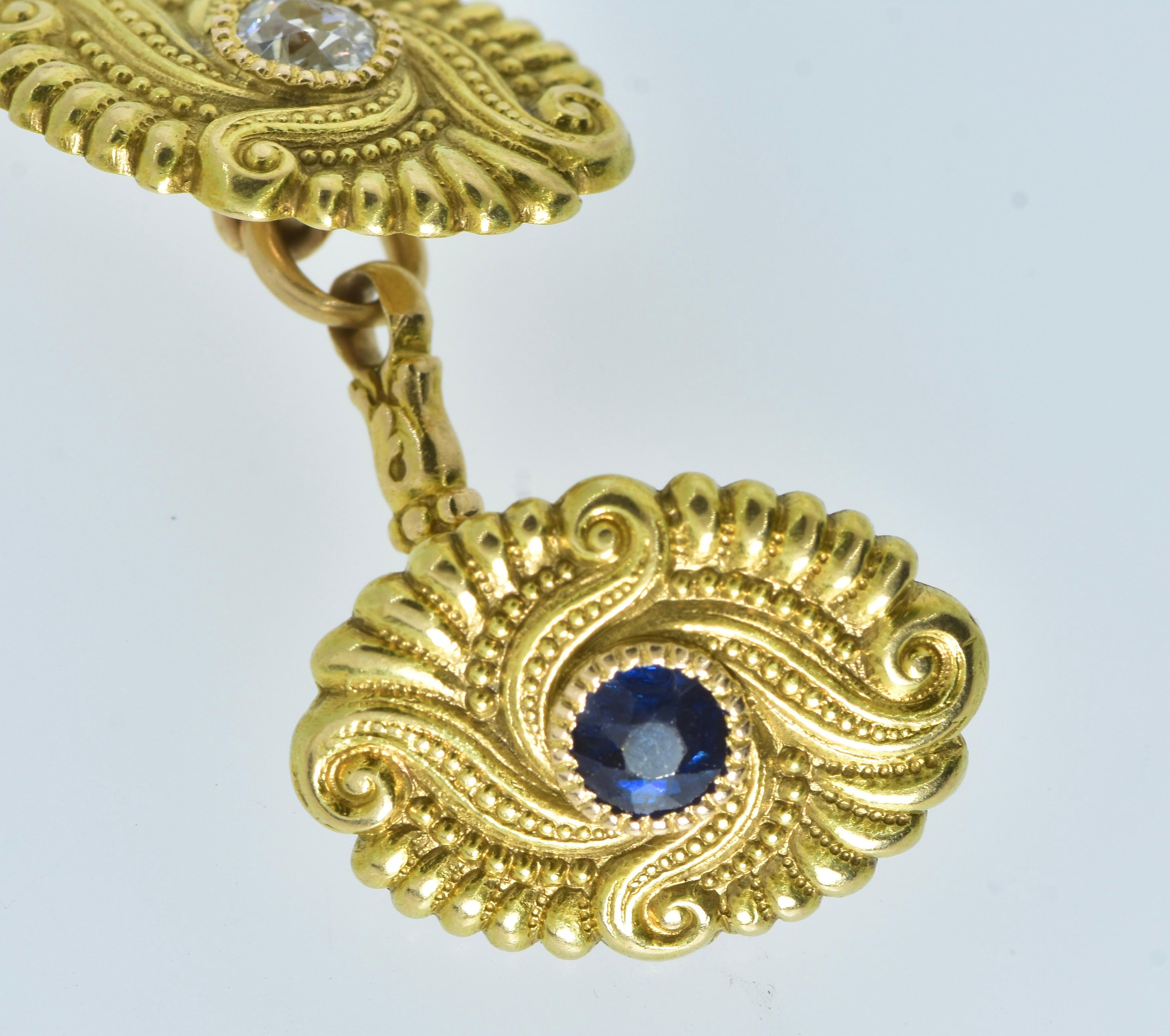Boutons de manchette anciens en or, saphirs et diamants dos à dos, Art nouveau, vers 1900 en vente 1