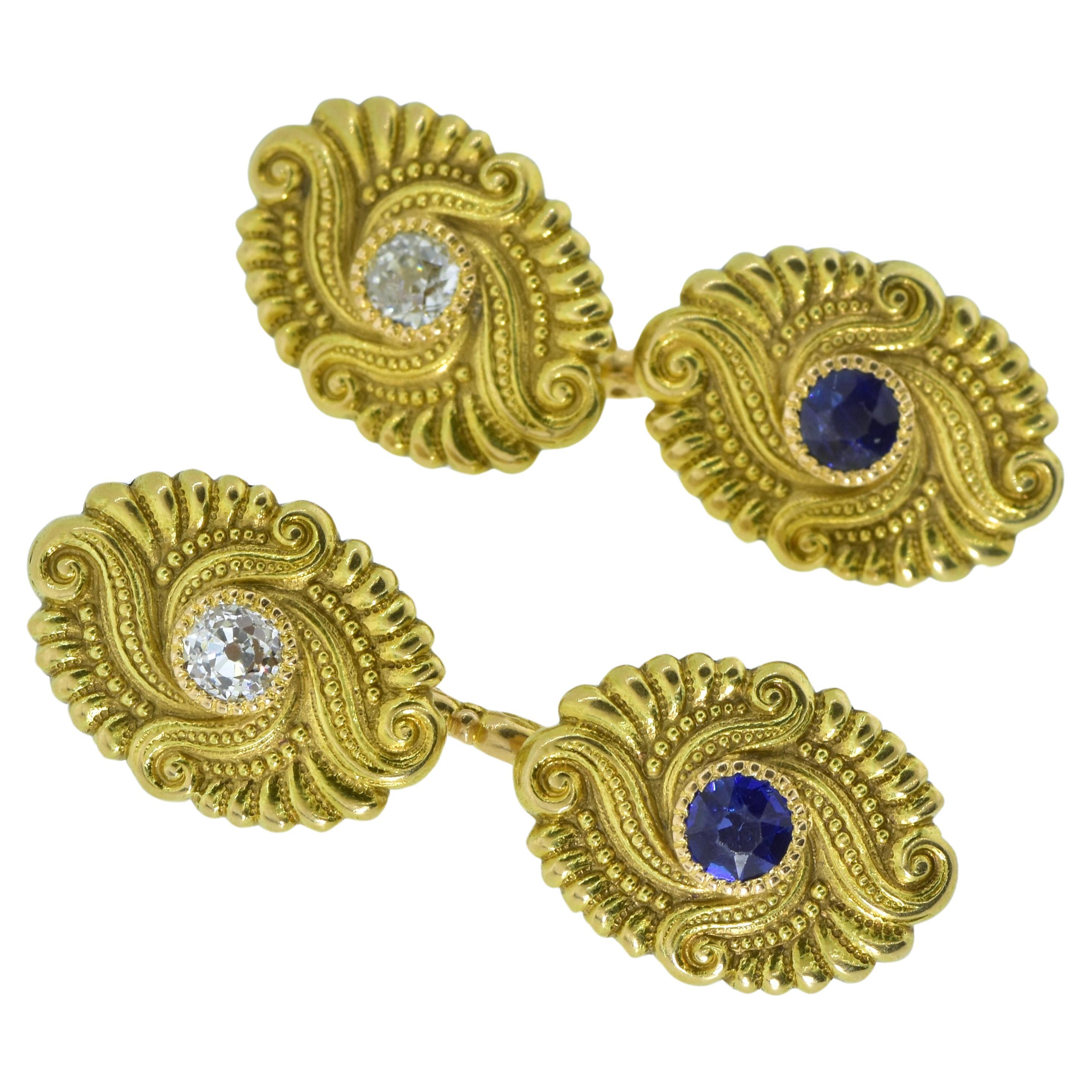 Gemelli da polso in oro antico con zaffiro e diamante, Art Nouveau, 1900 ca.