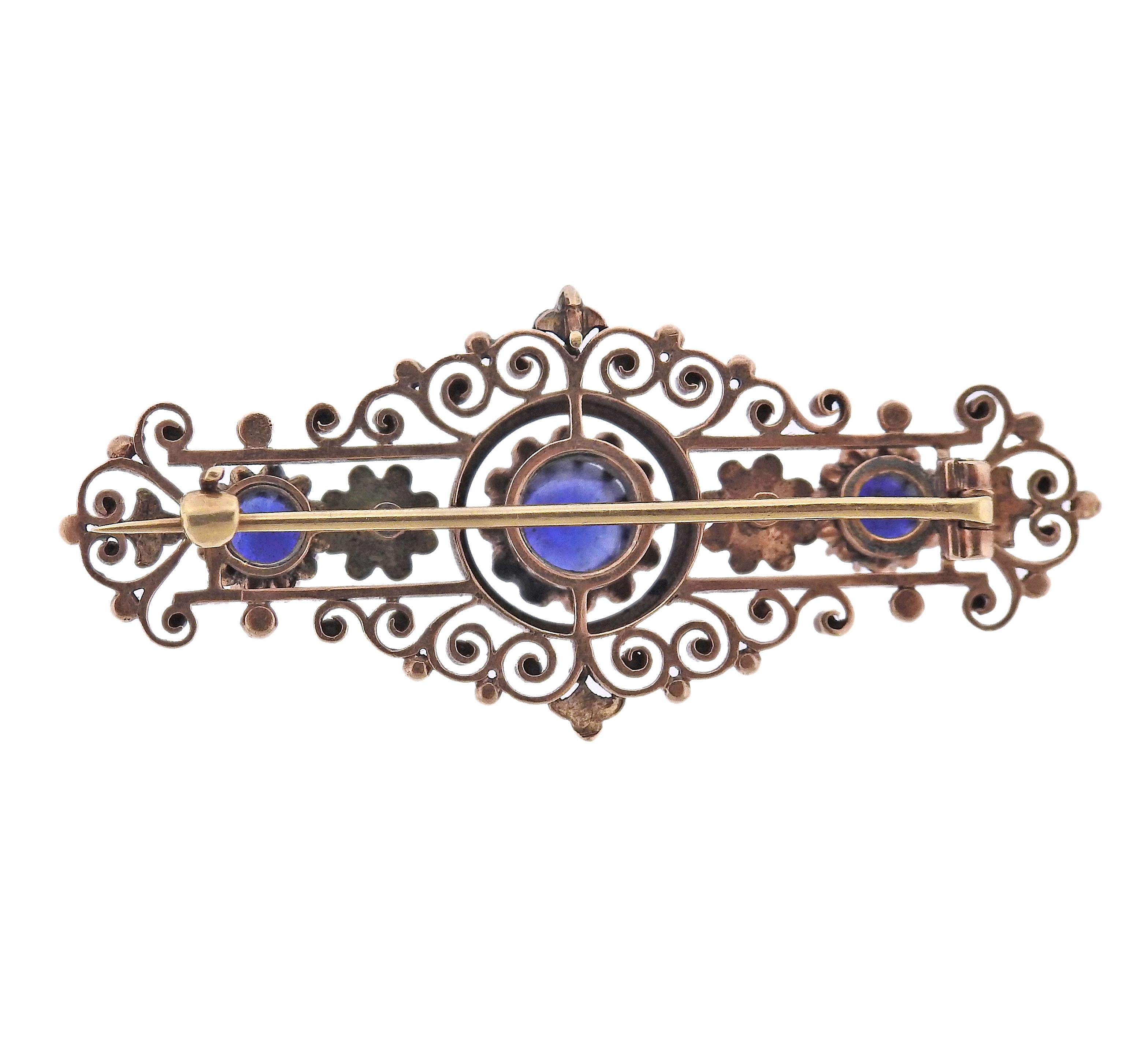 Round Cut Antique Gold Sapphire Brooch Pin For Sale
