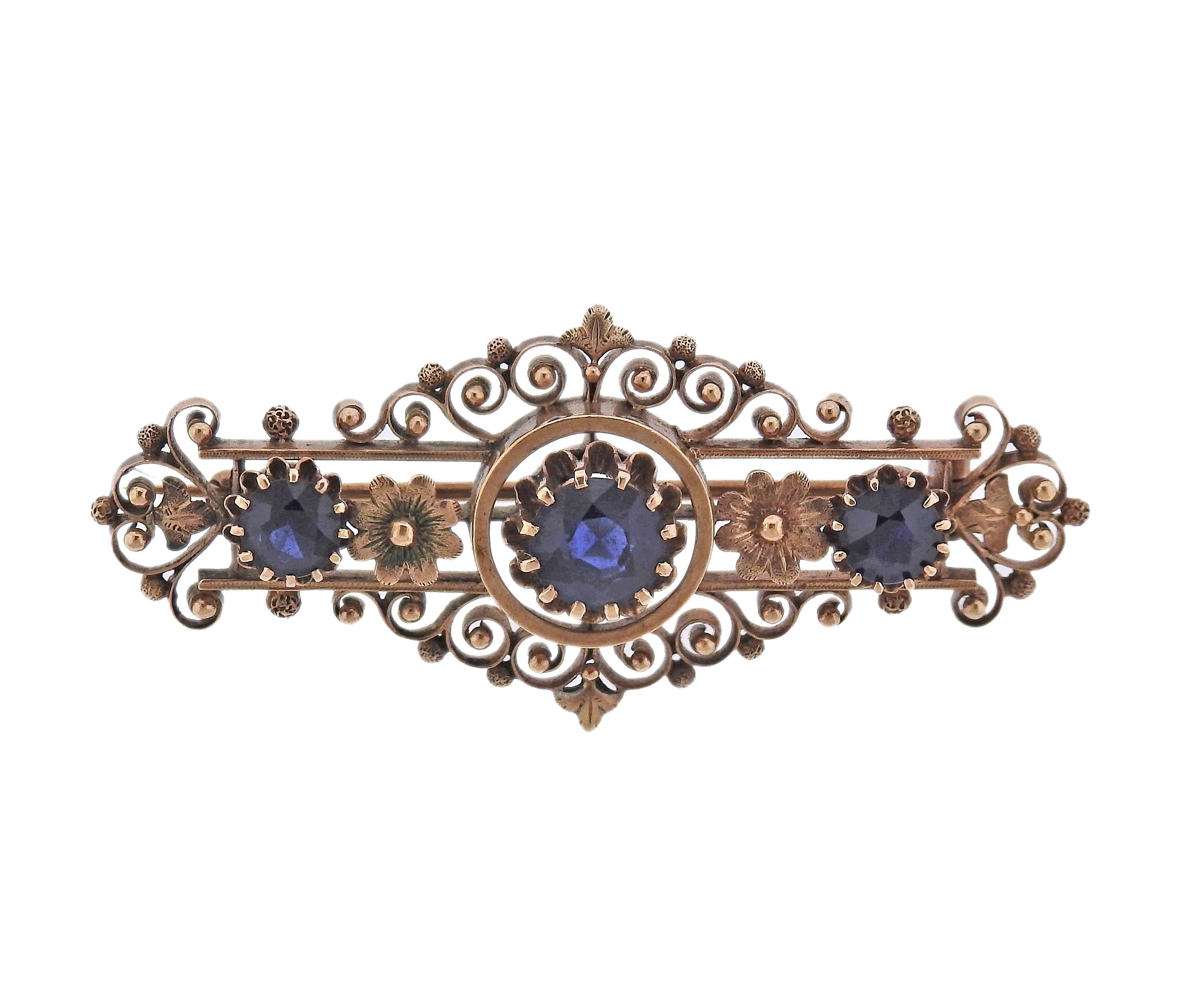 Antique Gold Sapphire Brooch Pin In Excellent Condition For Sale In New York, NY
