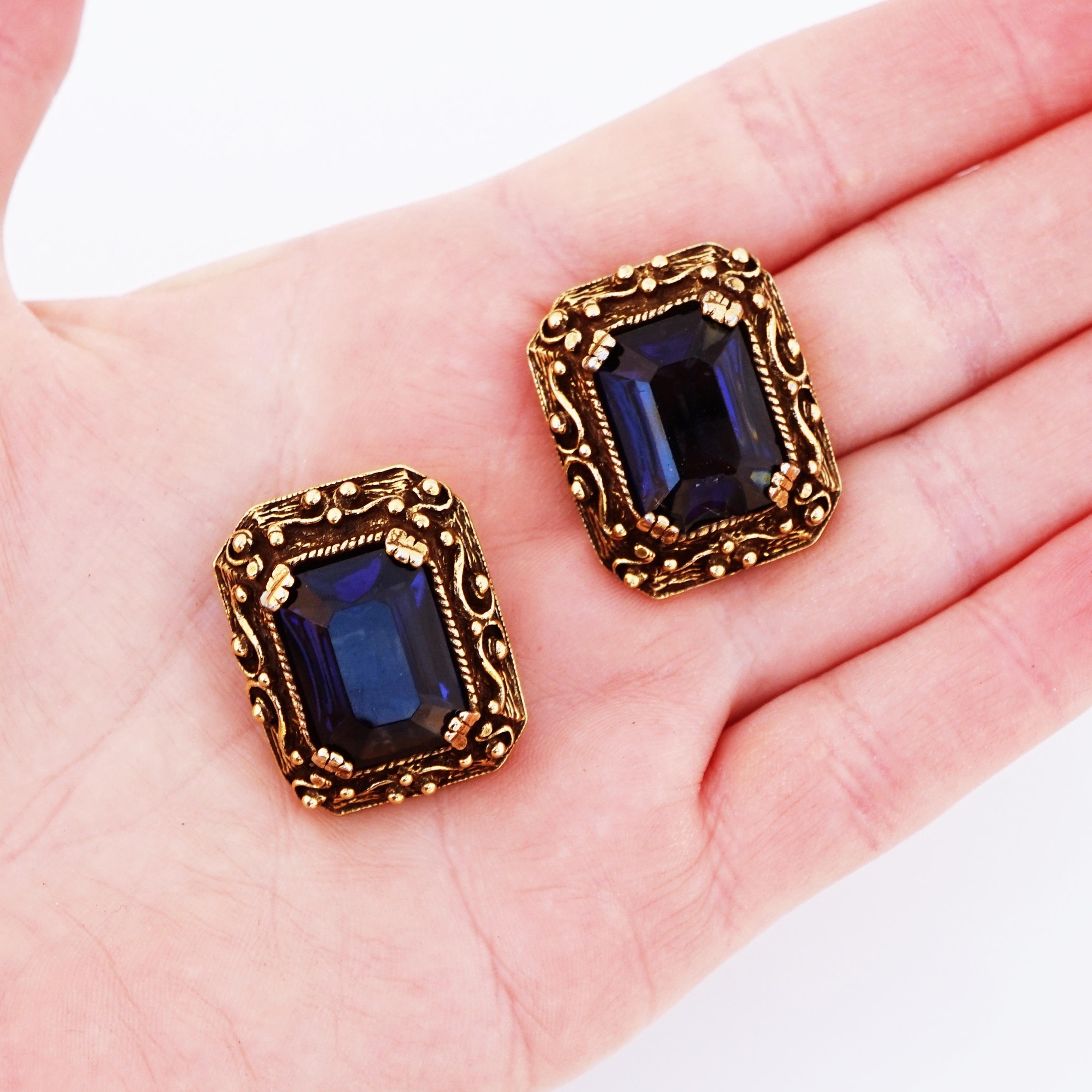 Antique Gold Sapphire Crystal Statement Earrings By Tara Fifth Avenue, 1970s In Good Condition In McKinney, TX