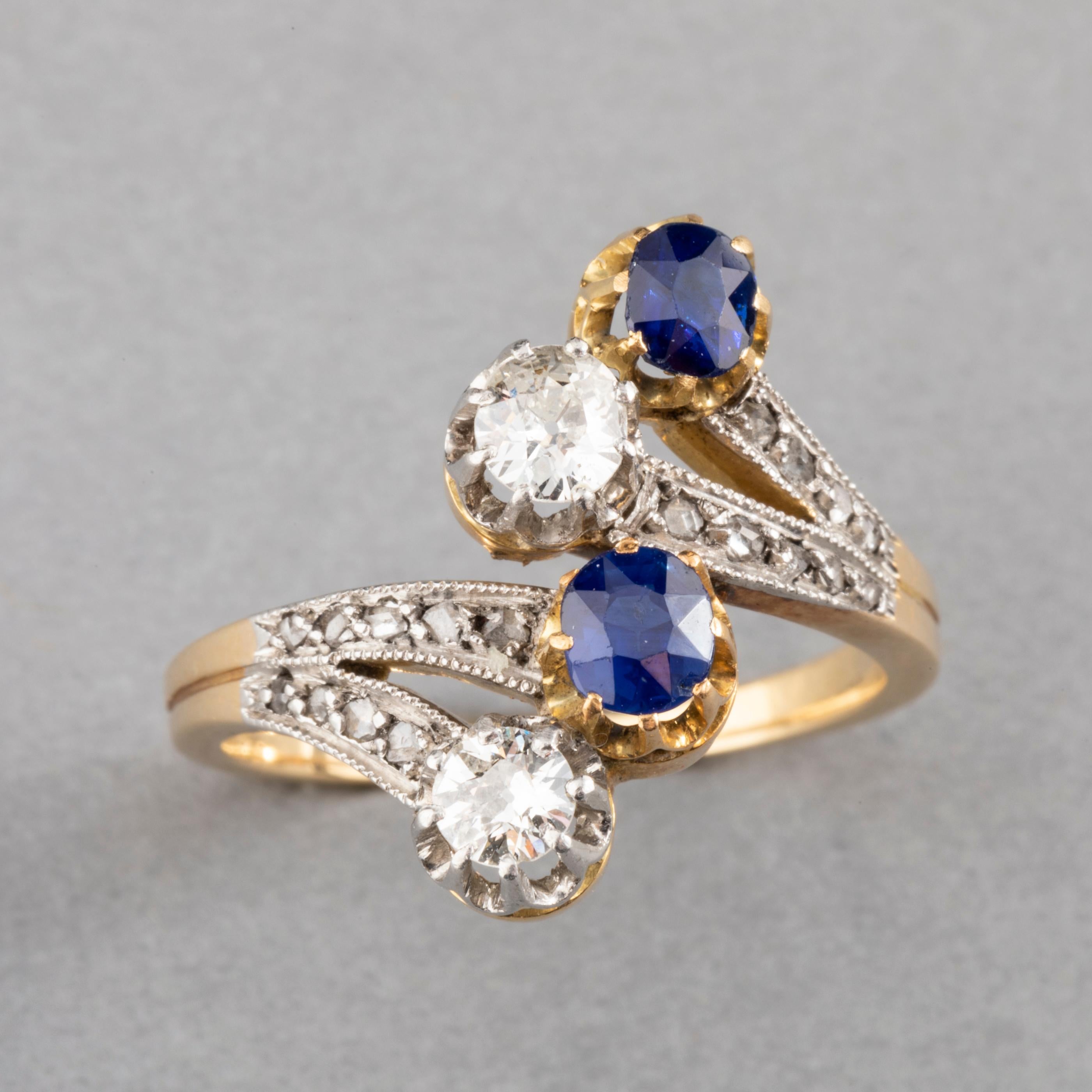 Antique  Gold Sapphires and Diamonds French Belle Epoque Ring

Beautiful antique ring, made in France circa 1910. Craft in yellow gold 18k (eagle head mark and mark of the maker, unknown).
The diamonds are good quality, round cut, they weight 0.25