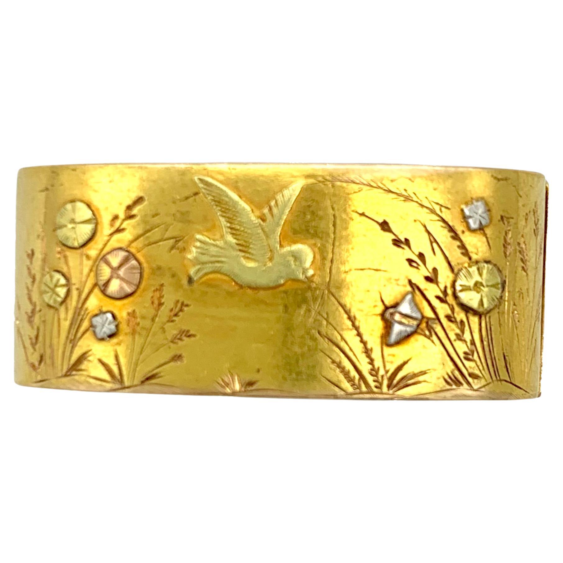 Antiker Goldschal-Ring, dreifarbig, Gold, Silber, Swallow, Schmetterlingsblumen 
