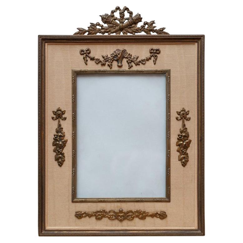 Antique Gold Silk Moiré and Bronze Picture Frame with Garlands