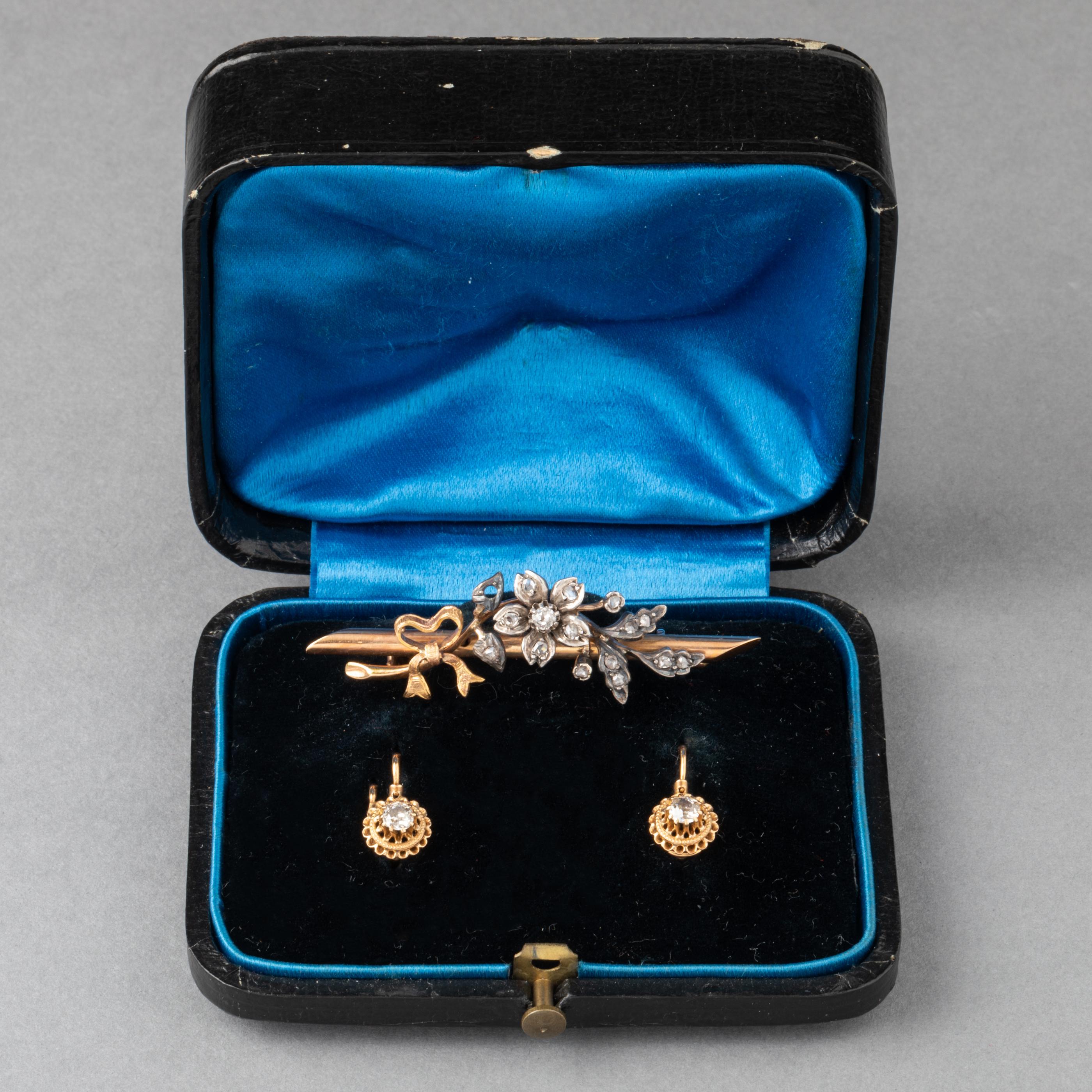Belle Époque Antique Gold Silver and Diamonds Earrings and Brooch