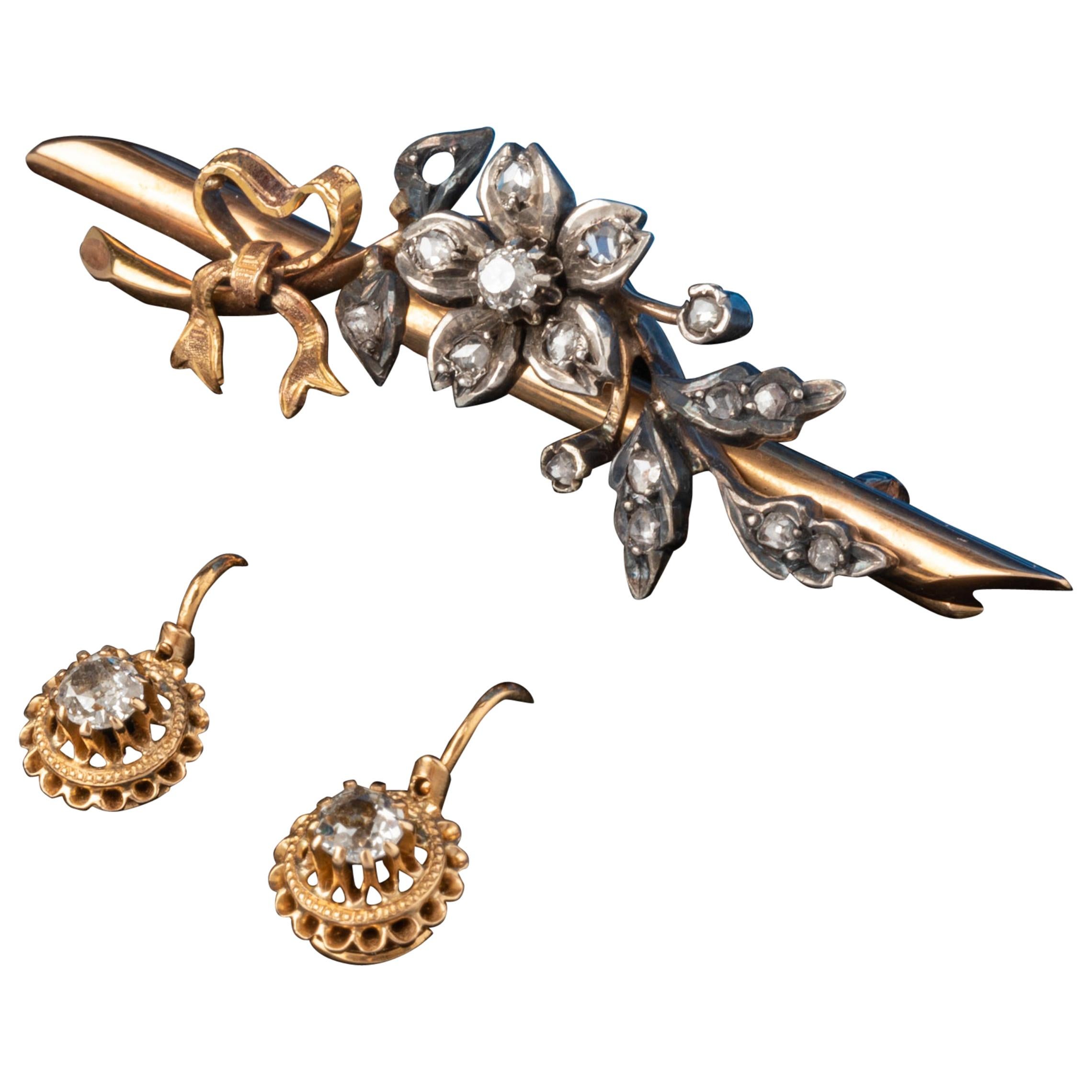 Antique Gold Silver and Diamonds Earrings and Brooch